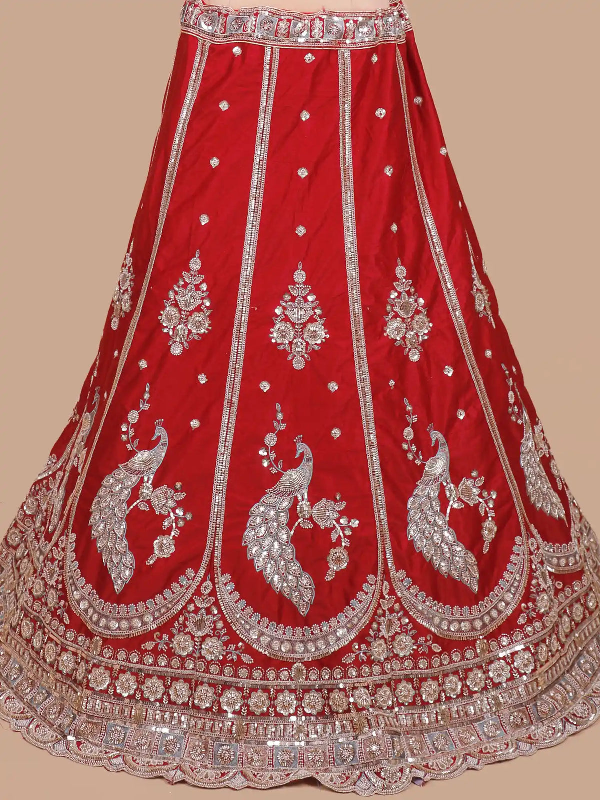 Scarlet Silk Sider Lehenga with Intricate Peacock Patterns