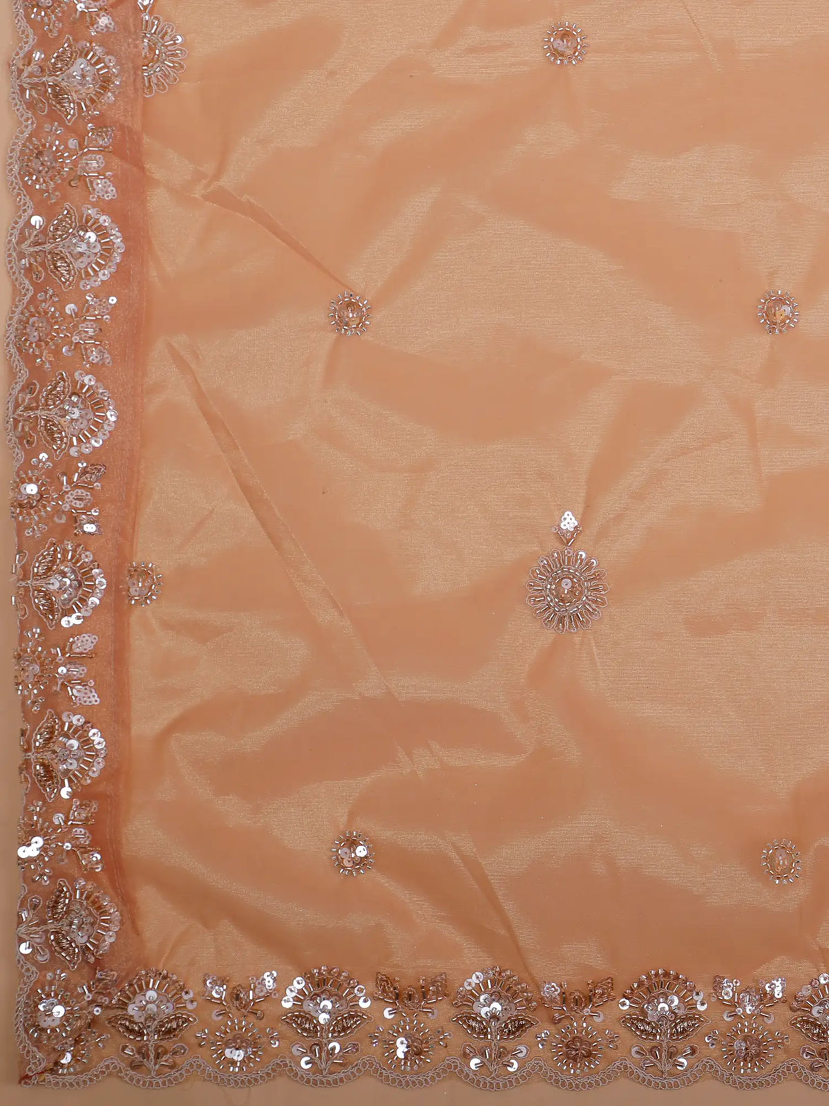 Light Peach Shimmer Organza Lehenga Featuring Silver Architectural  Embroidery
