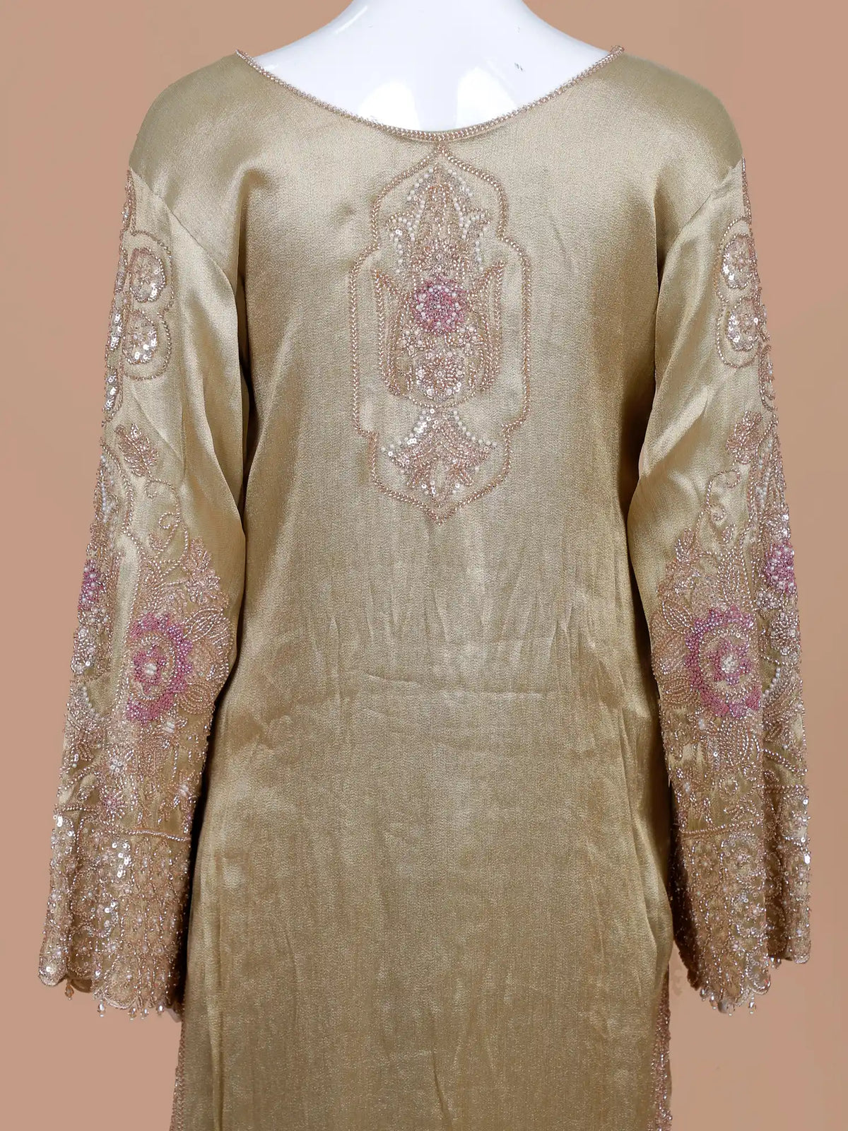 Striking Golden Shimmer Silk Designer Suit Featuring Contrast Pink Silver Work