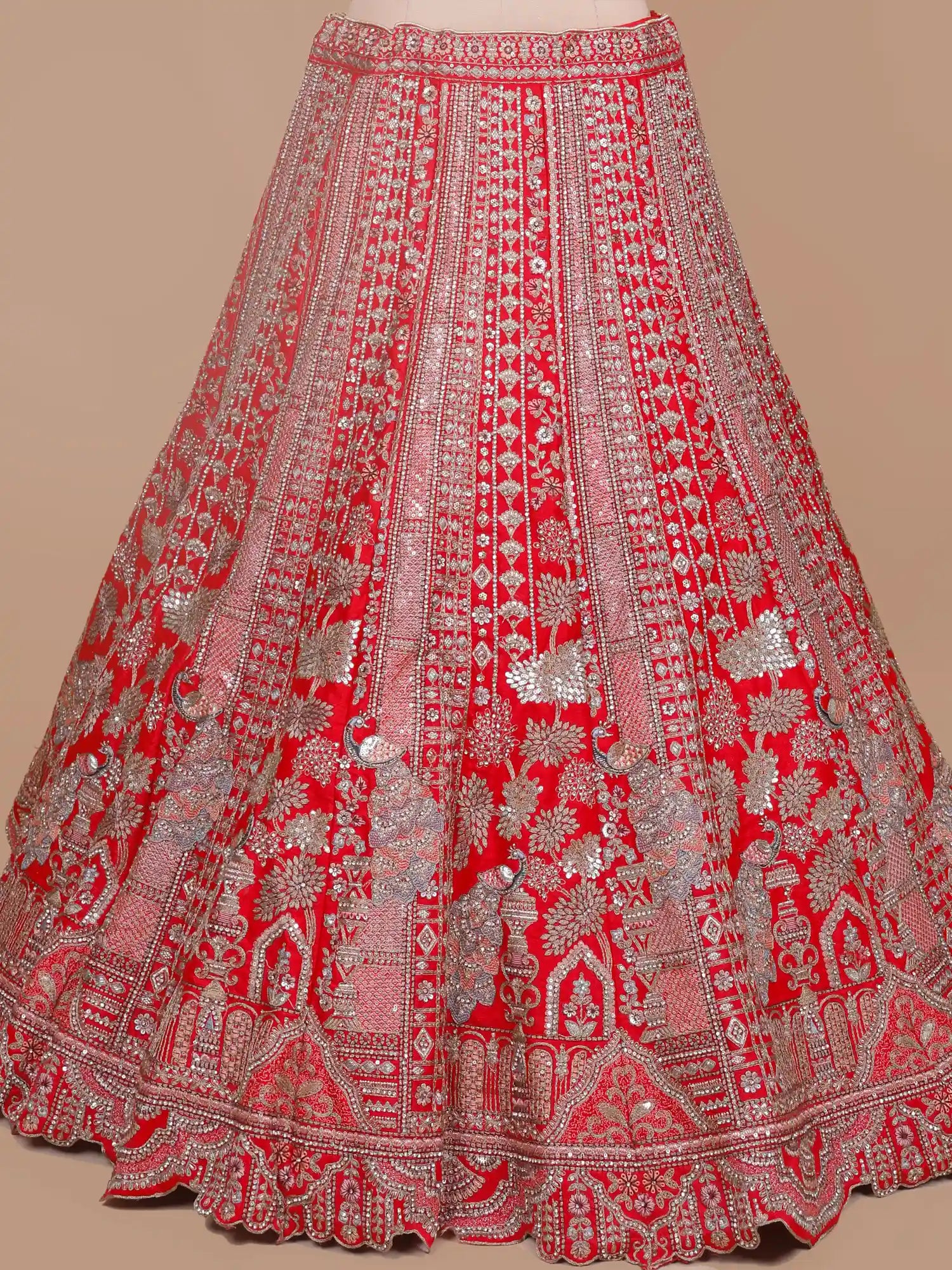 Crimson Heritage Red Silk Bridal Lehenga With Peacock and Tree Motif Detailing