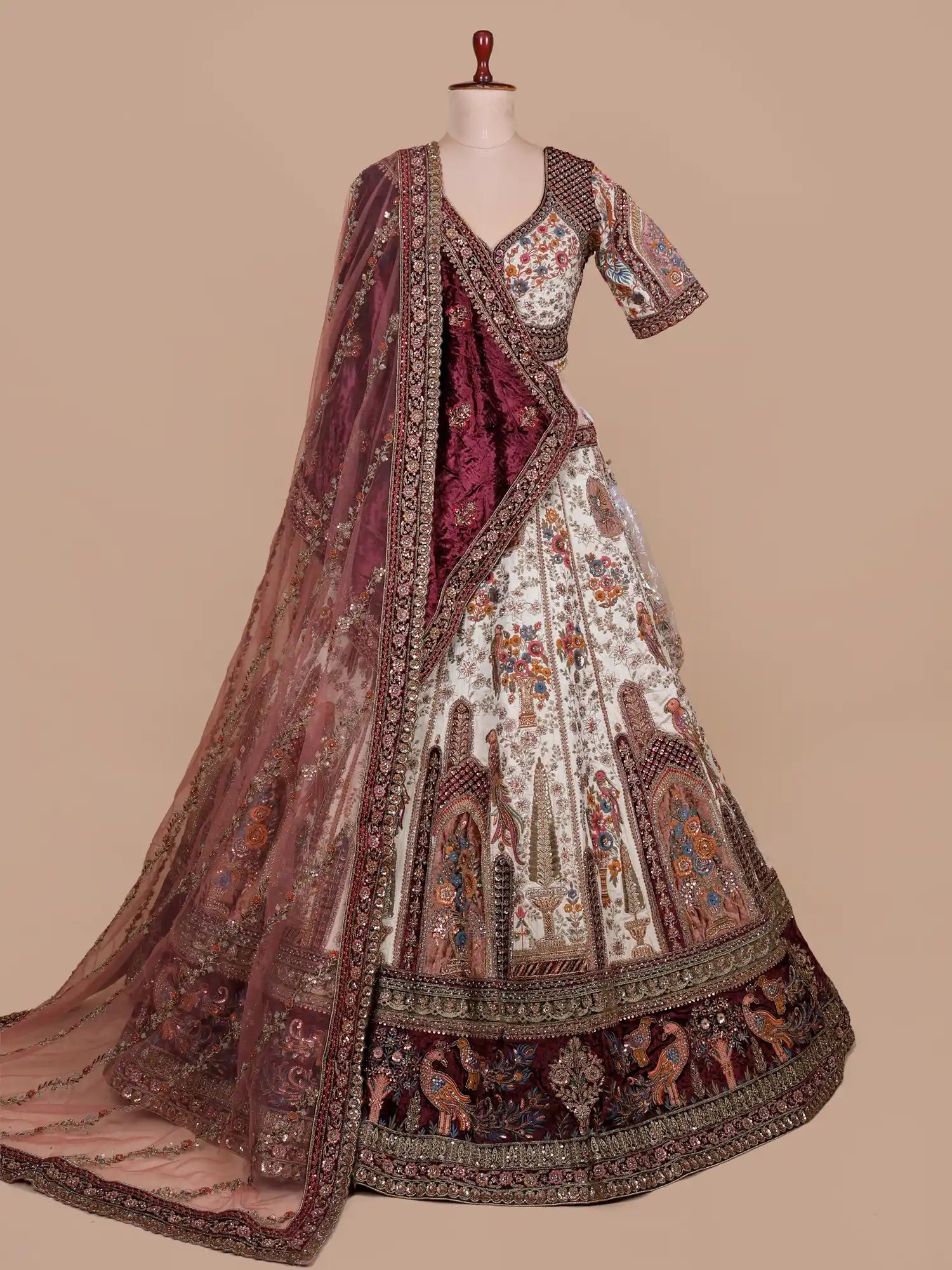 Discover Multicolor Silk Designer Lehenga With Velvet Patch and Nature Embroidery