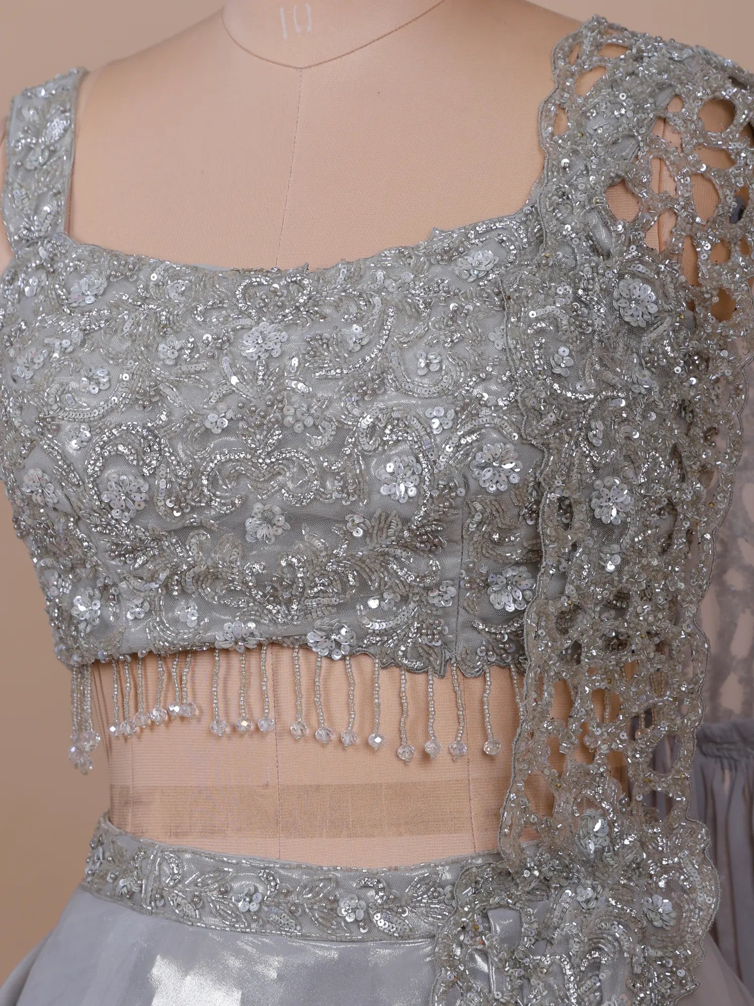 Designer Silver Tissue Party Wear Lehenga Pearl Sequins Work