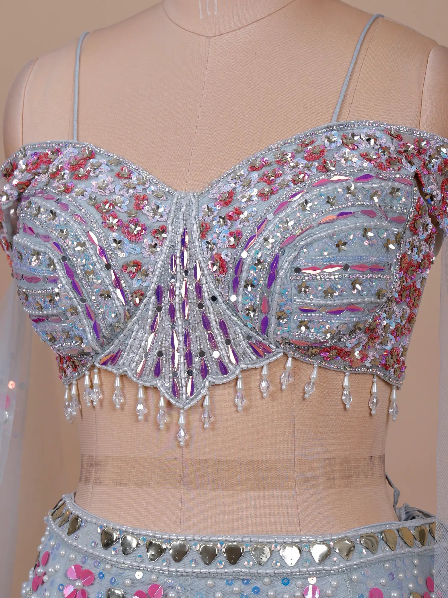 Bollywood Inspired Sky Blue Net PDP Lehenga Pearl Mirror Design