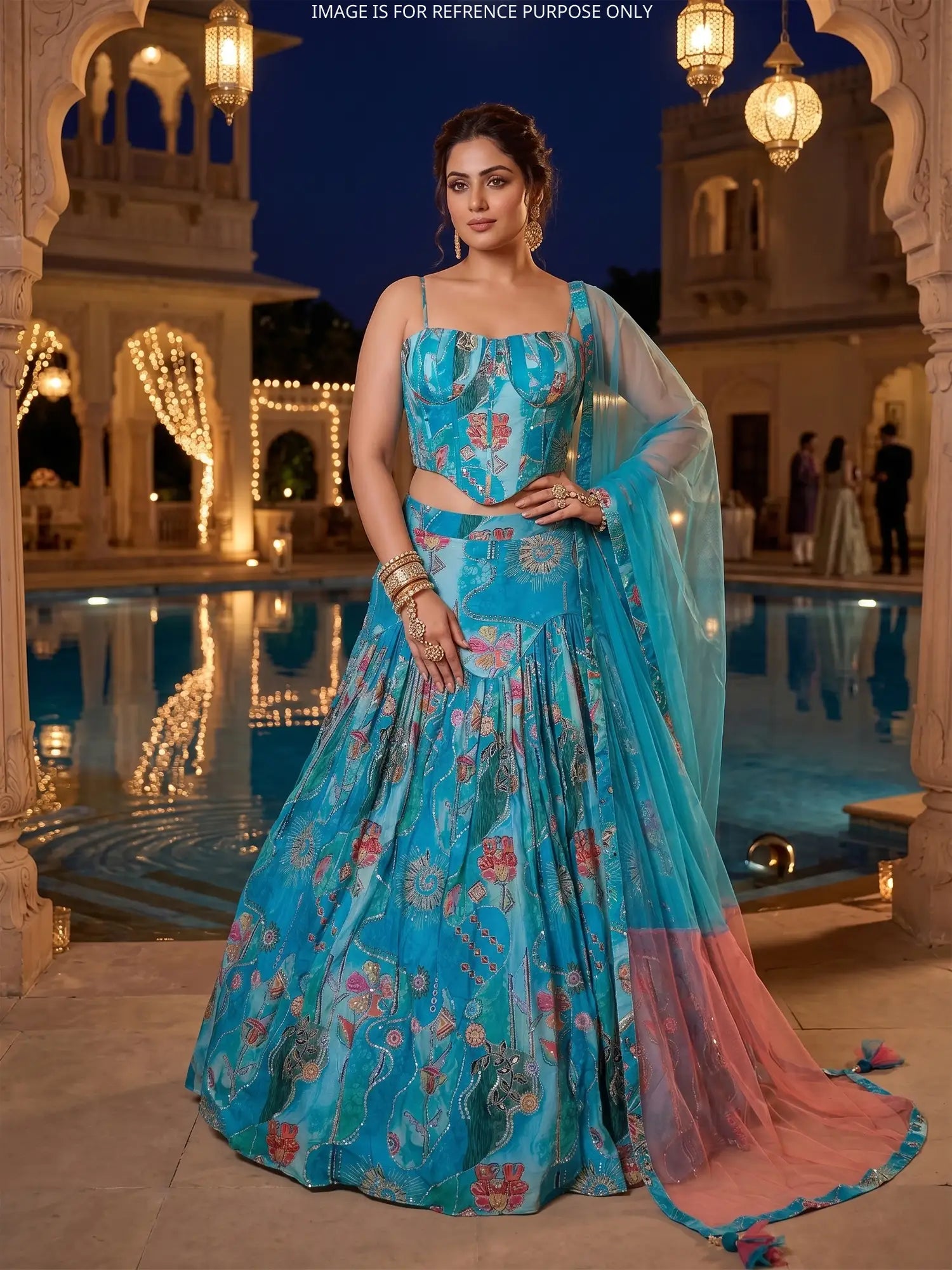 Designer Sky Blue Chinon Party Wear Lehenga With Sequins Work