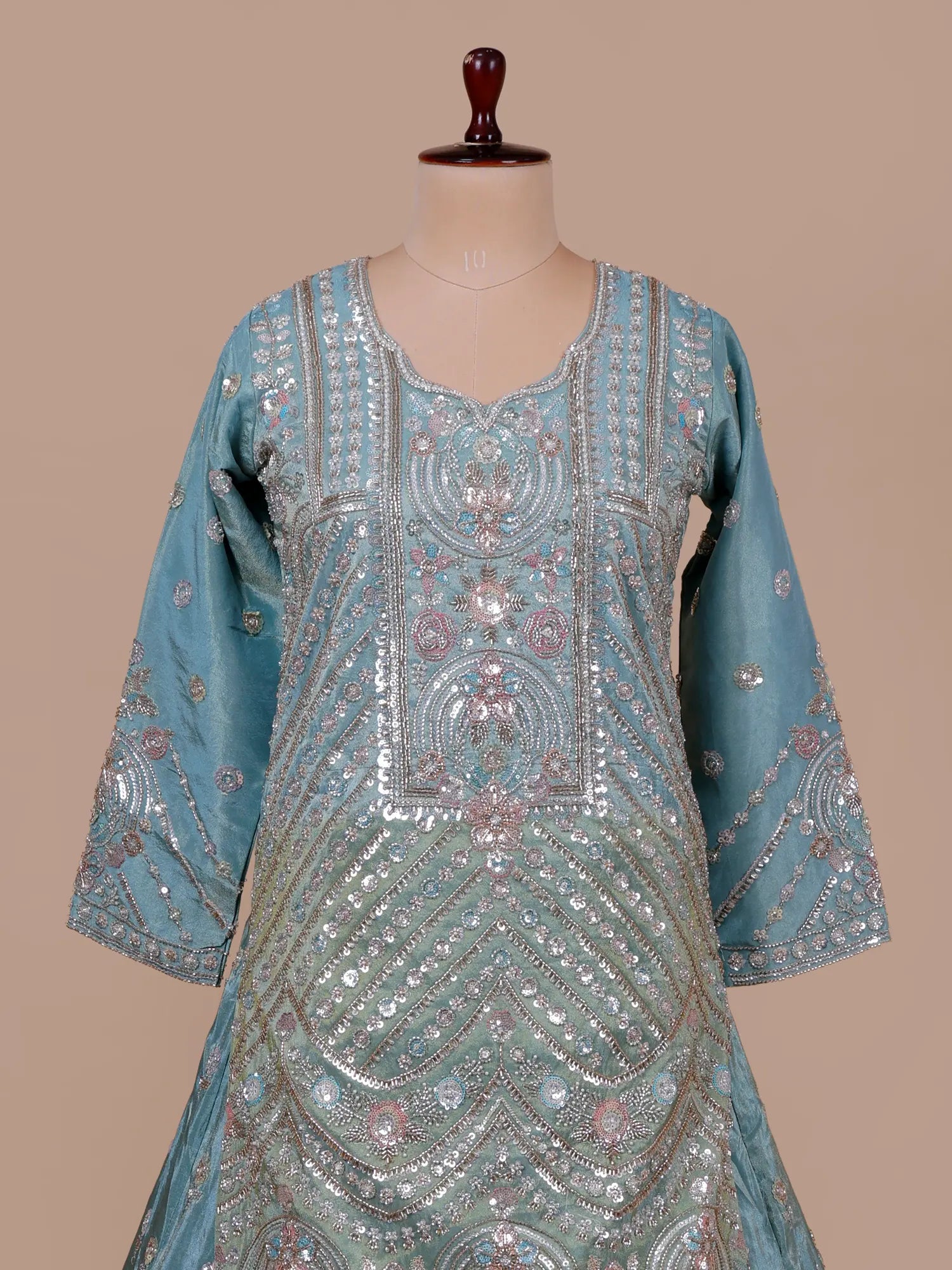 Premium Traditional Sky Blue Shimmer Peplum Lehenga With Pearl Work