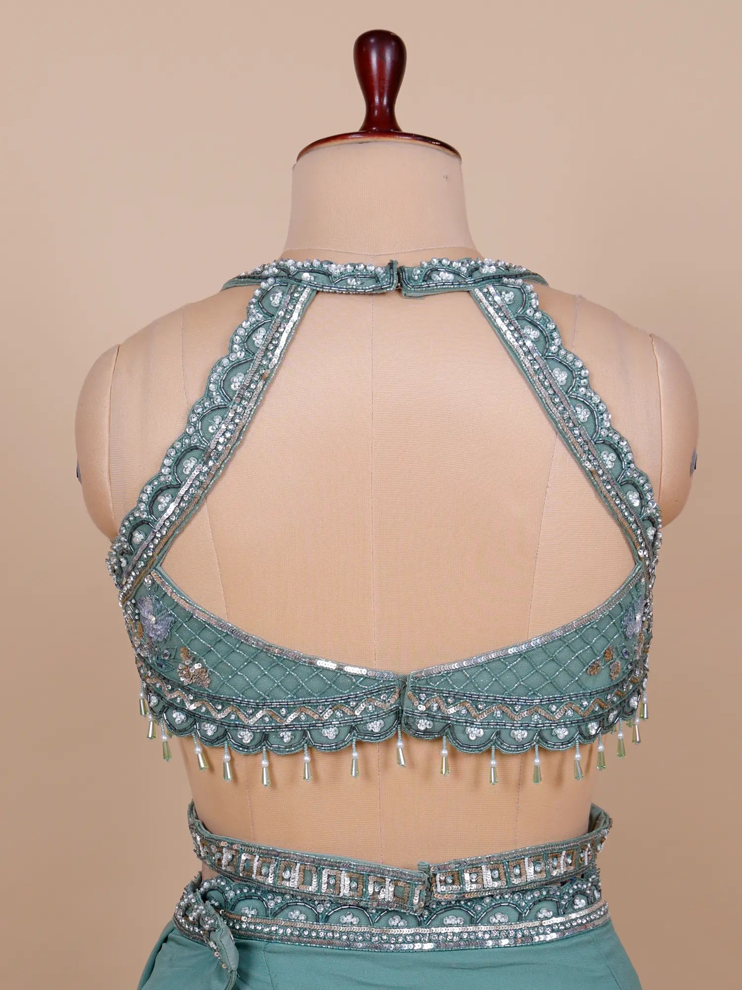 Teal Green Saree Style Lehenga With Luxury Pearl Work For Wedding Glam Look