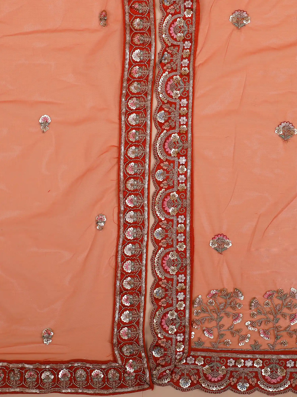 Luxury Rust Orange Bridal Lehenga with Domed Boats and Floral Embroidery