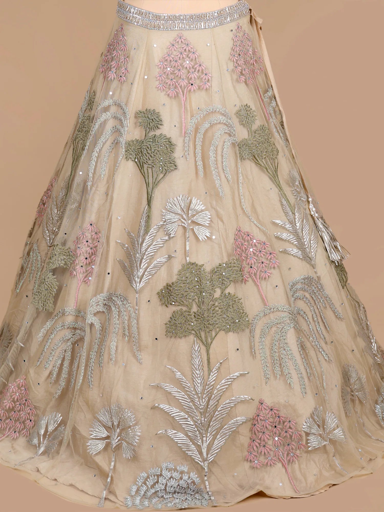 Beige Net Party Wear Lehenga with Mirror Sequins Design