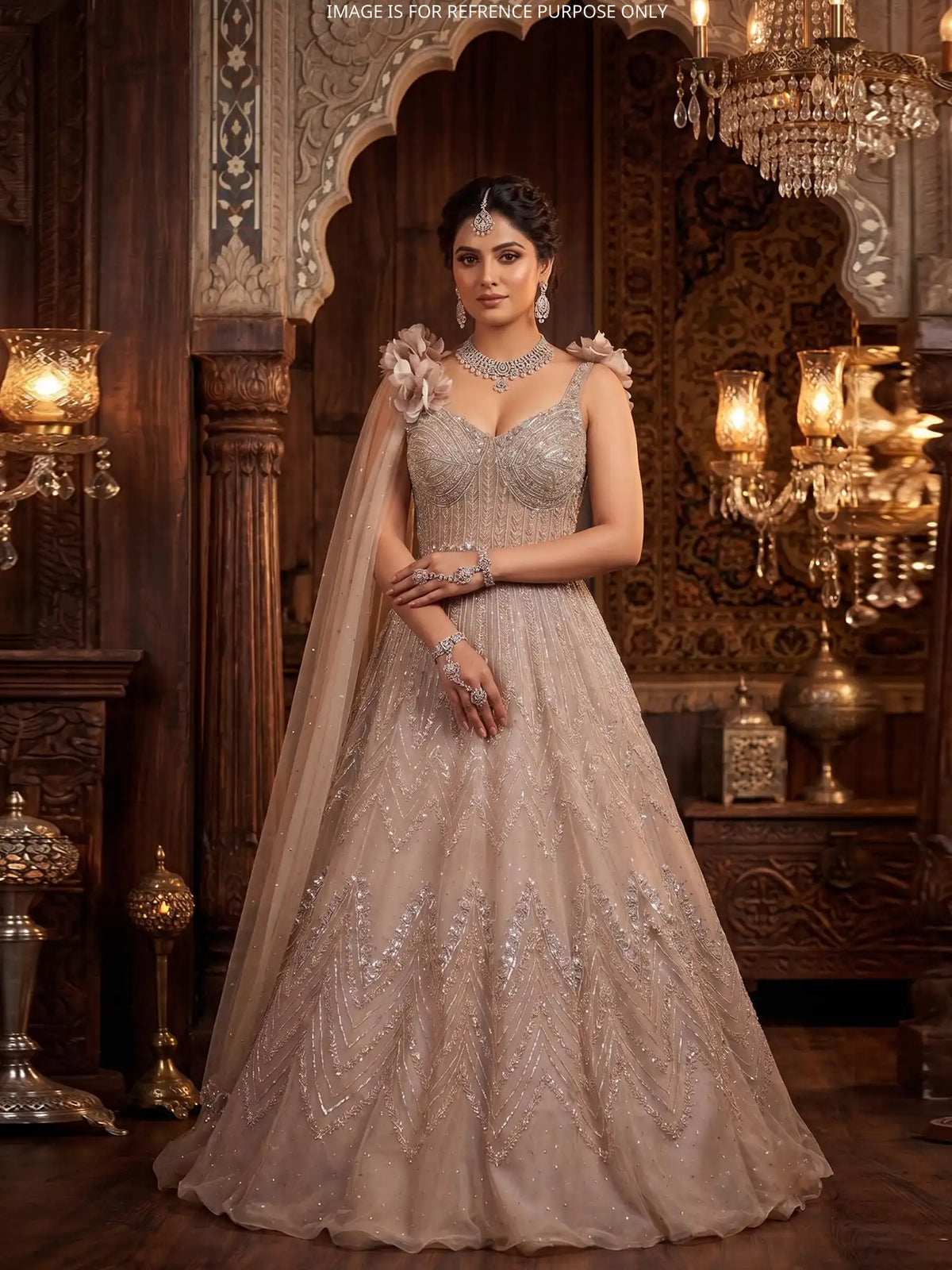 Discover Glamorous Champagne Net Long Gown With Sequin Floral Detailing