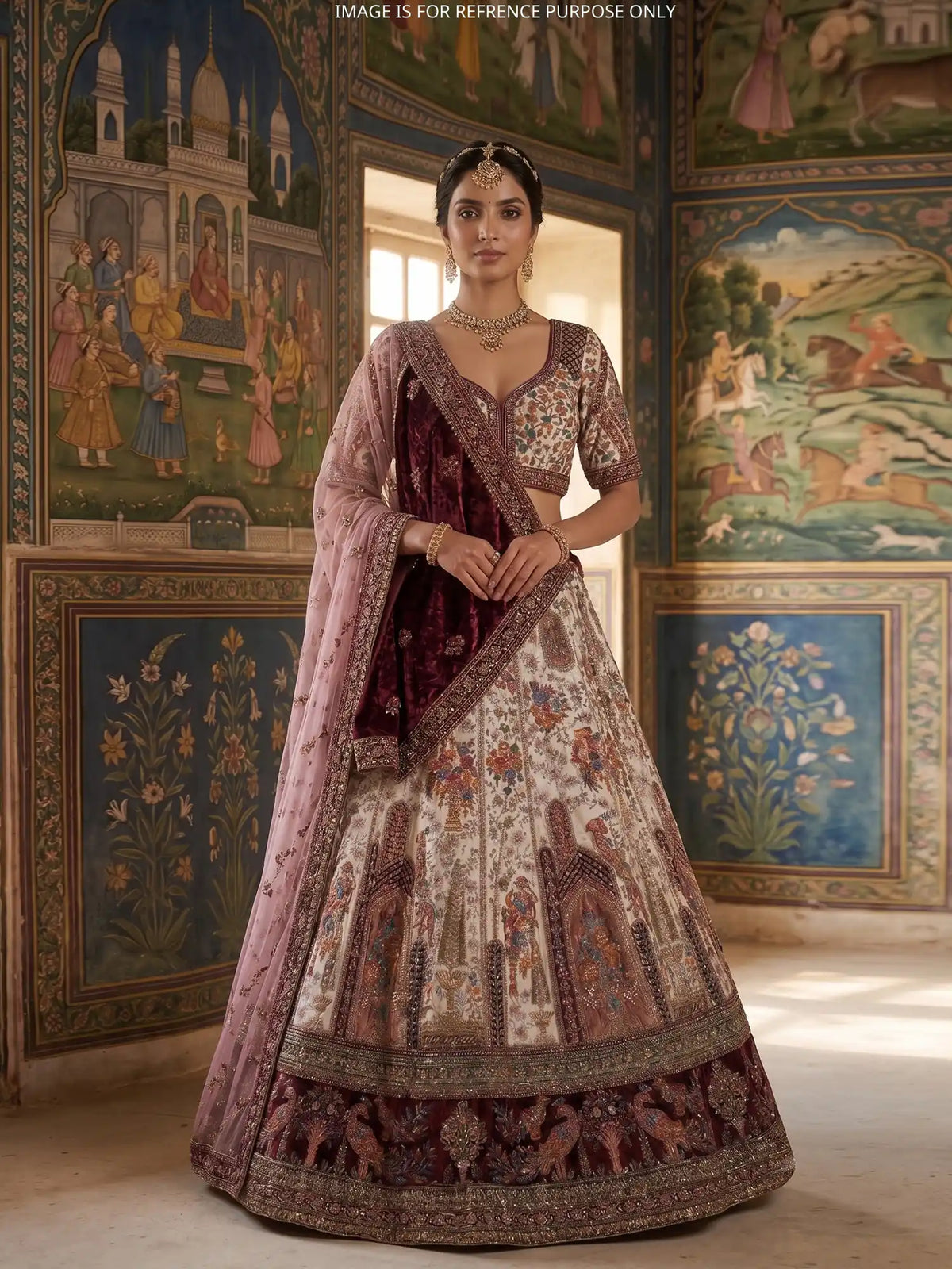 Discover Multicolor Silk Designer Lehenga With Velvet Patch and Nature Embroidery
