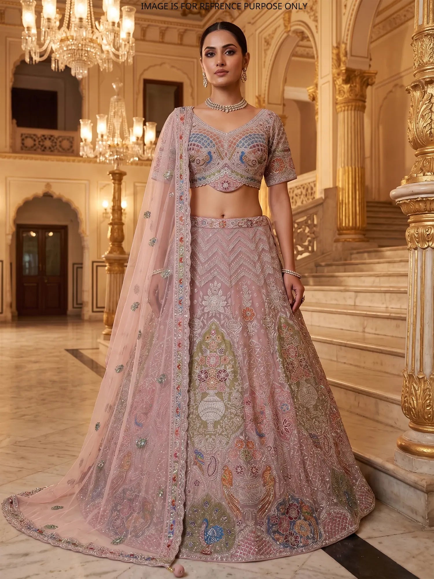 Discover Onion Pink Premium Lehenga Showcasing Artistic Bridal Figure Embroidery