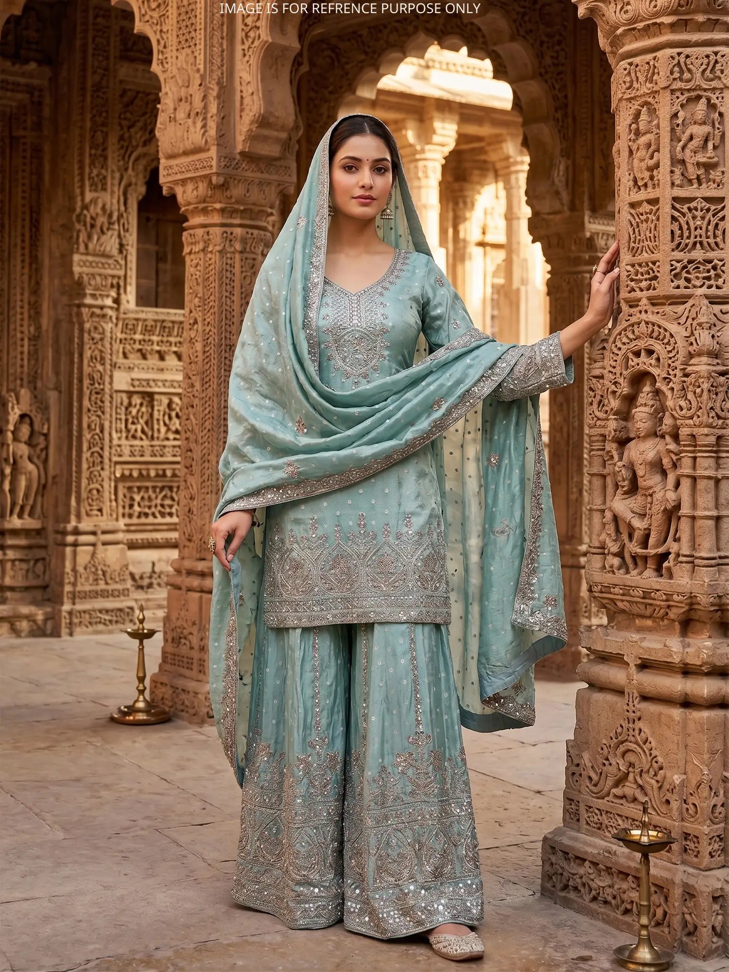Discover Sea Green Shimmer Palazzo Suit With Bead Sequin Art