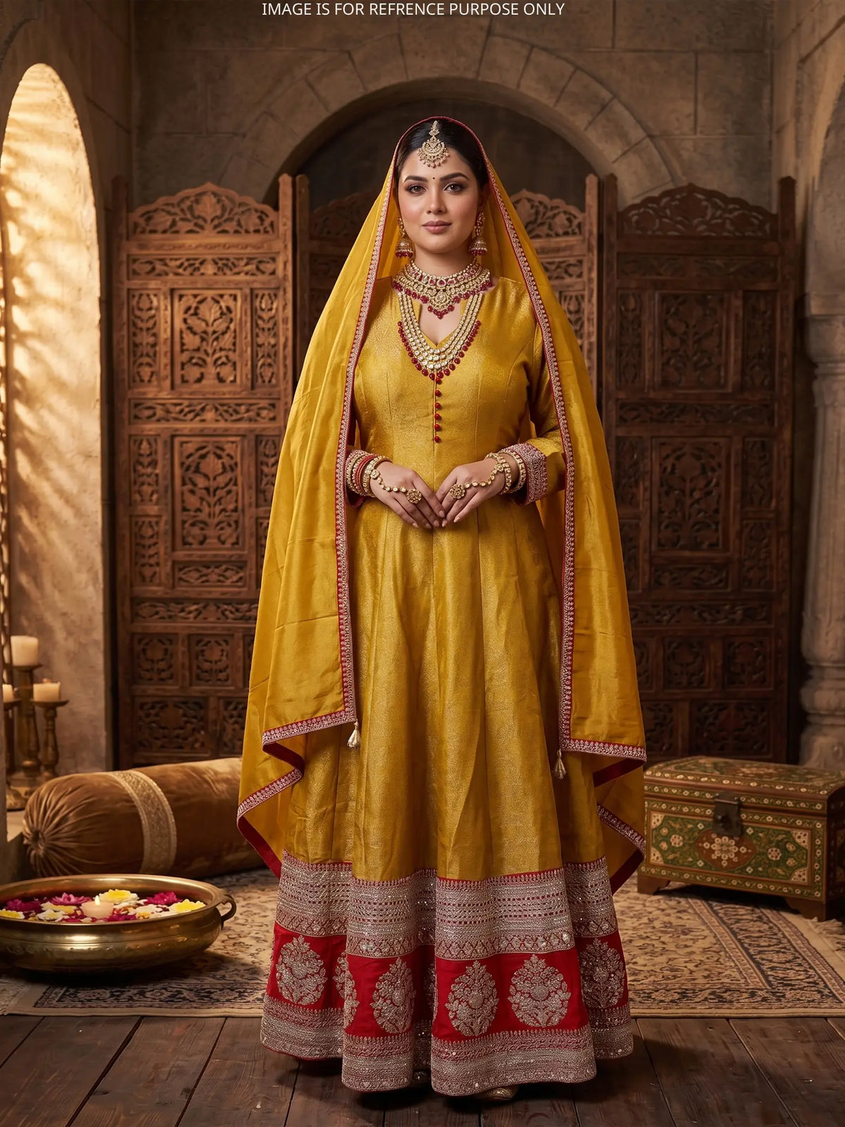 Dress Up In Mustard Yellow Banarasi Silk Anarkali Gown Featuring Sequin Work