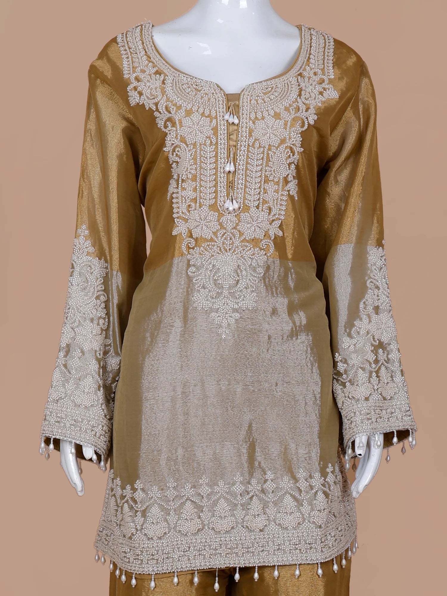 Dual Tone Shimmer Organza Salwar Suit In Bead Pearl Detailing