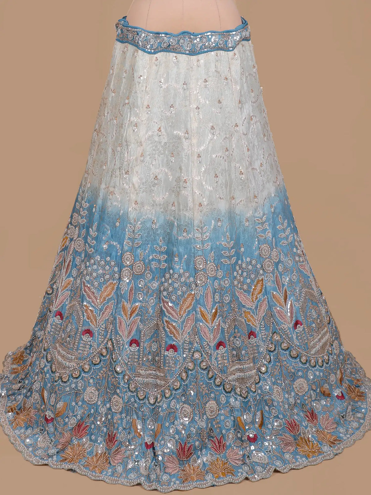 Dual Tone Silk Unstitched Lehenga Featuring Silver Floral Sequin Detailing