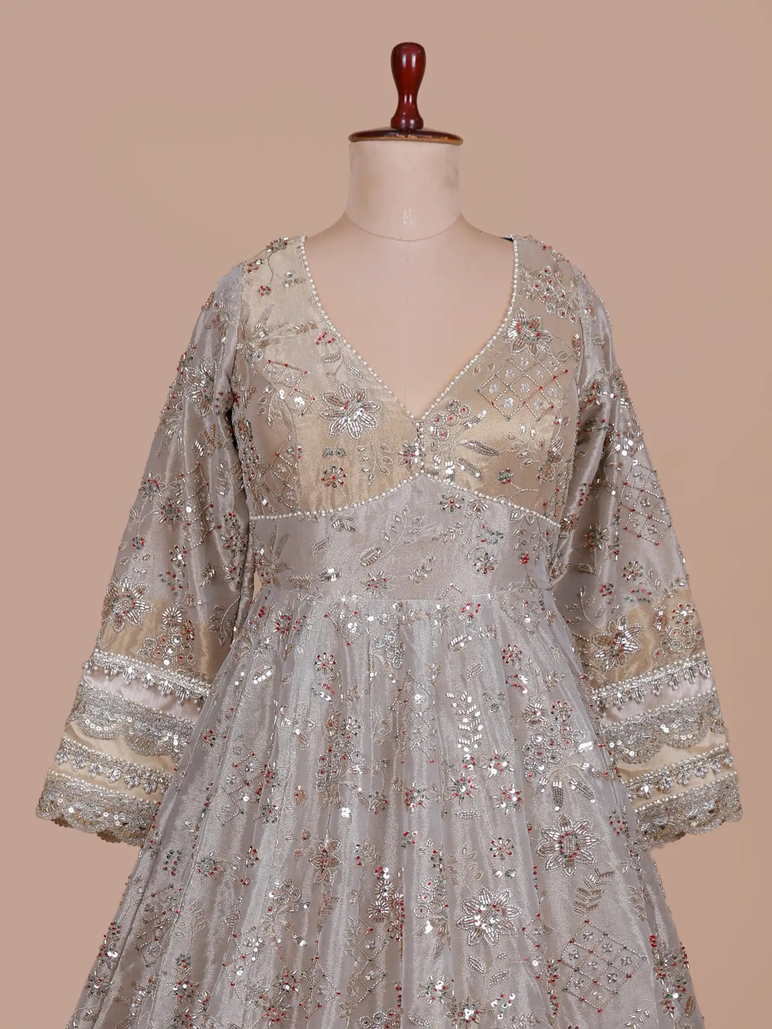 Dual Tone Shimmer Traditional Anarkali Gown With Rich Pearl Accents