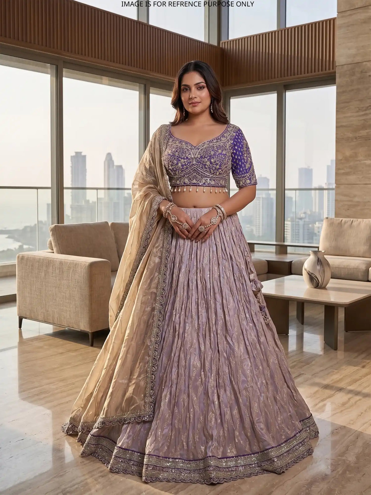 Dual Tone Purple Lavender Silk Lehenga with Intricate Mirror Sequin Work