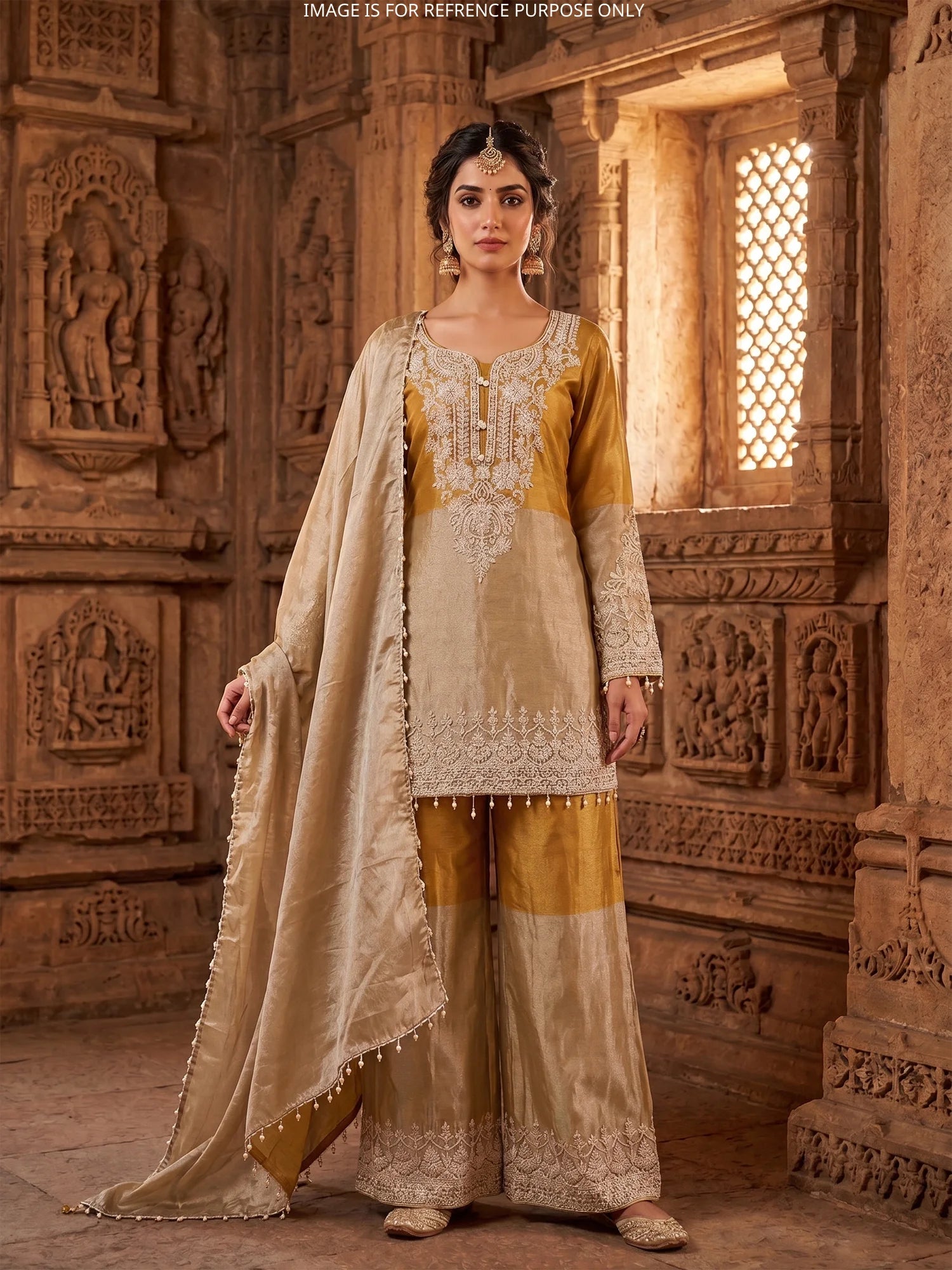 Dual Tone Shimmer Organza Salwar Suit In Bead Pearl Detailing