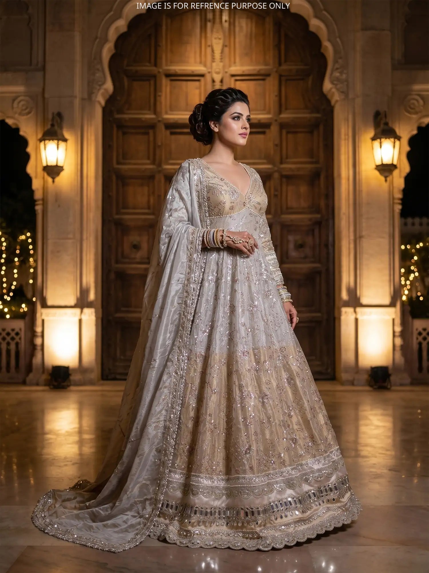Dual Tone Shimmer Traditional Anarkali Gown With Rich Pearl Accents