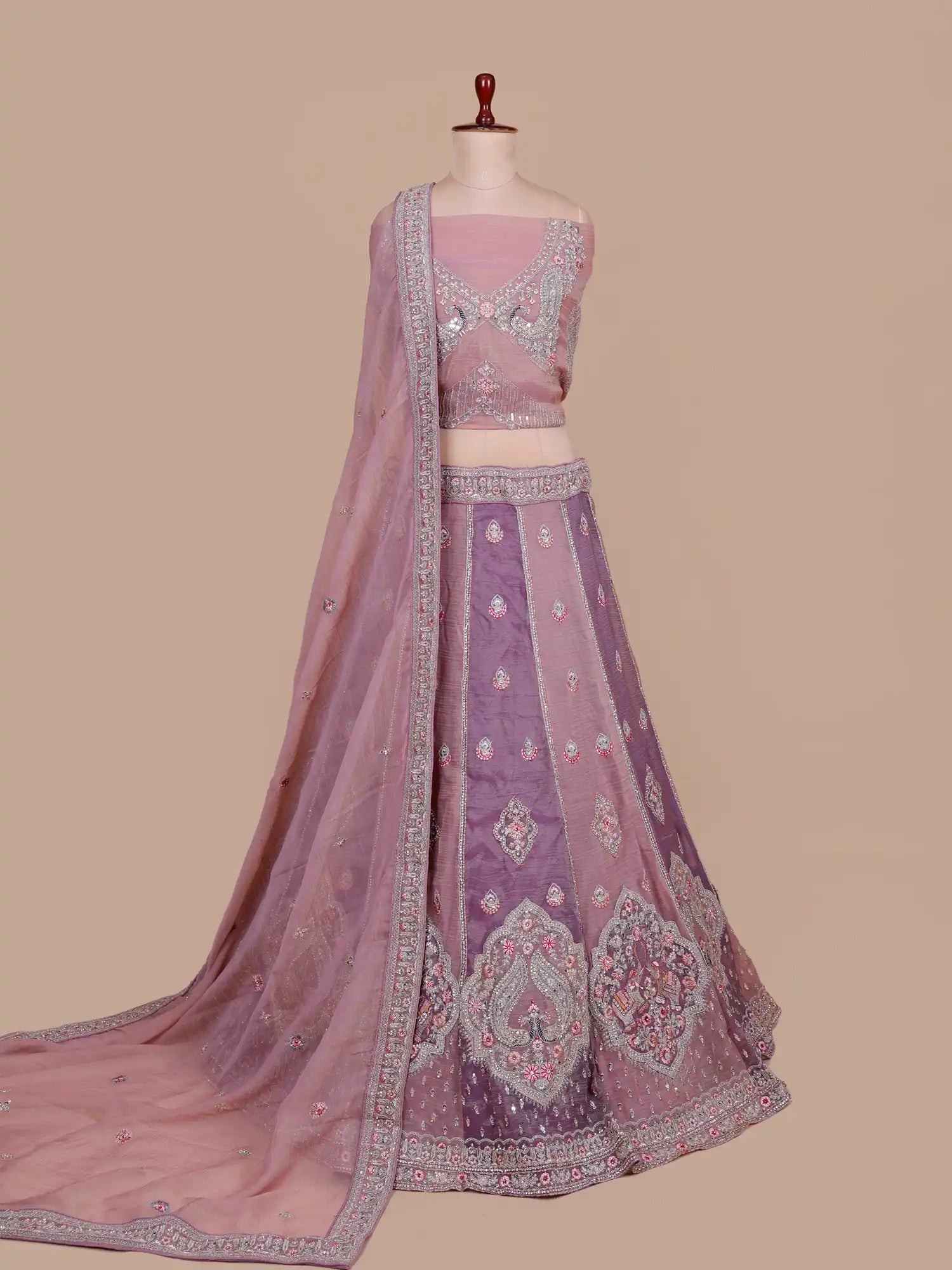 Twin Shade Purple Pink Unstitched Silk Lehenga With Elephant Peacock Motifs