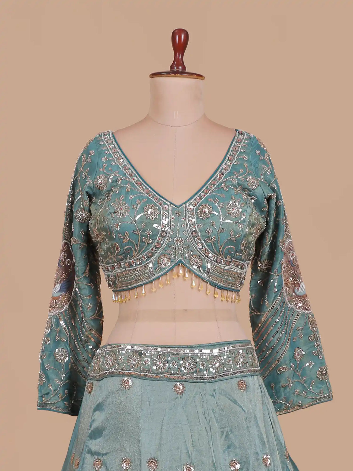 Dual Tone Teal Lehenga Featuring Ornate Bird Embroidery