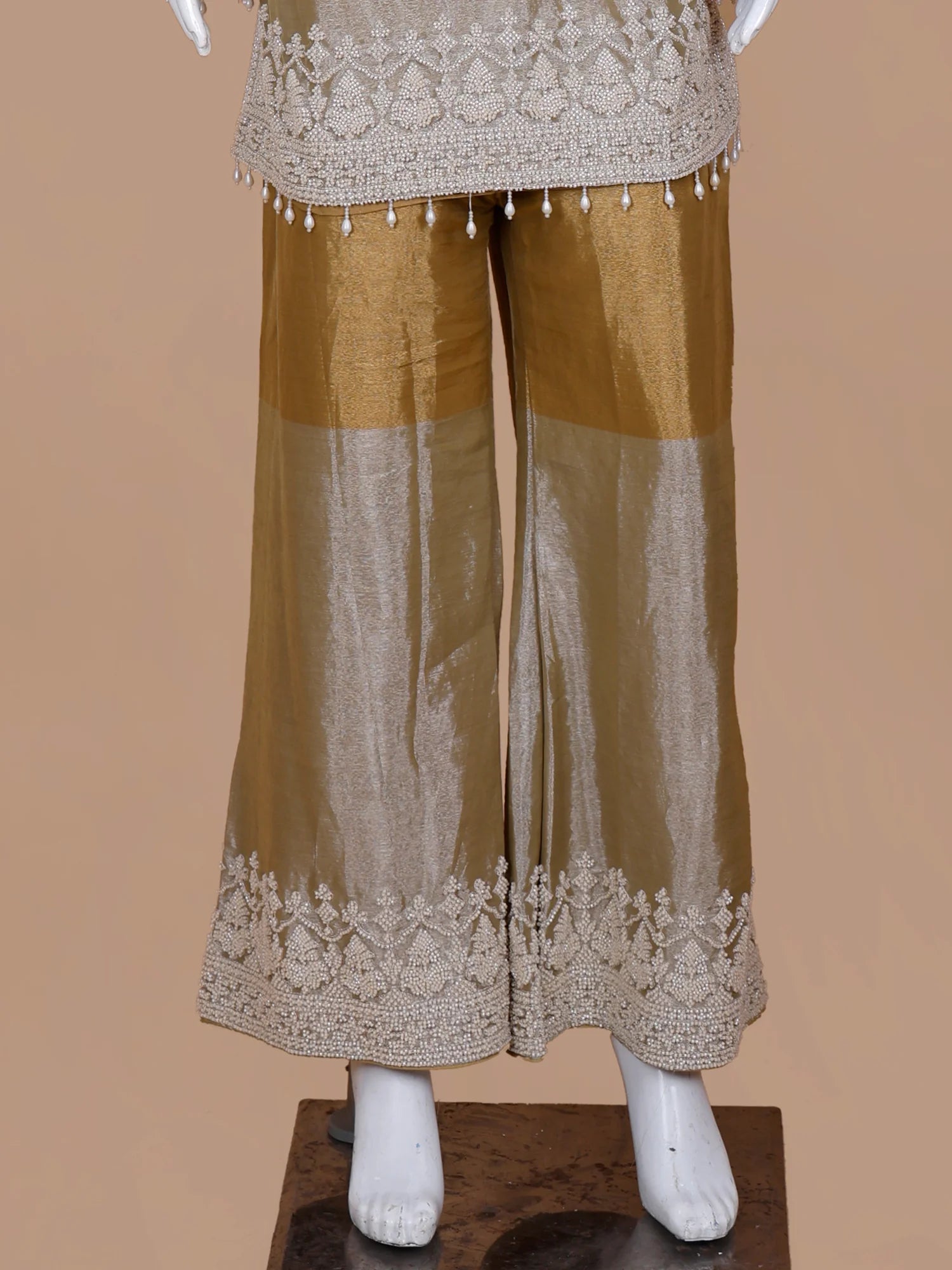 Dual Tone Shimmer Organza Salwar Suit In Bead Pearl Detailing