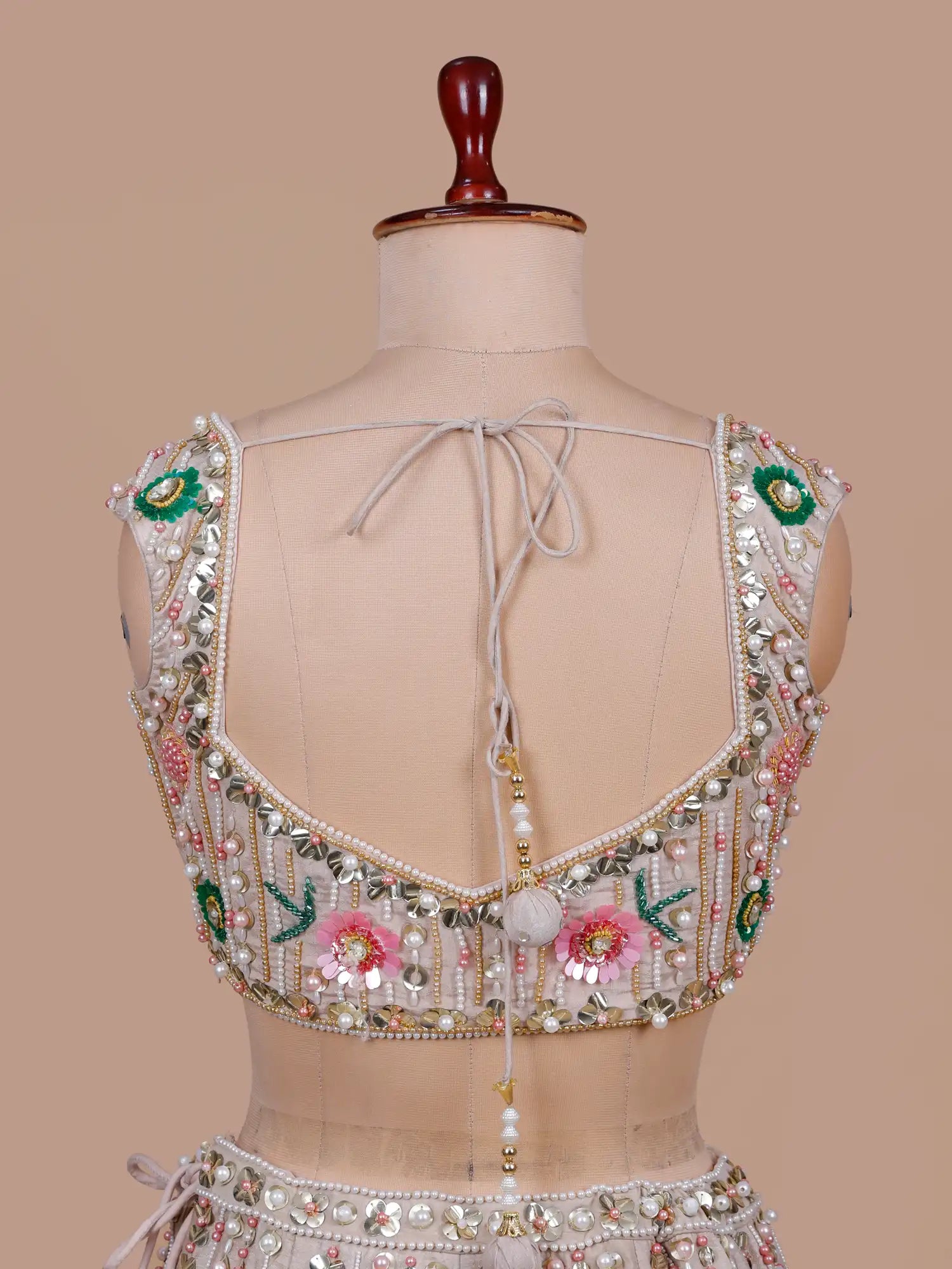 Exclusive Biscuit Color PDP Inspired Silk Lehenga With Crystal Sequin Craft