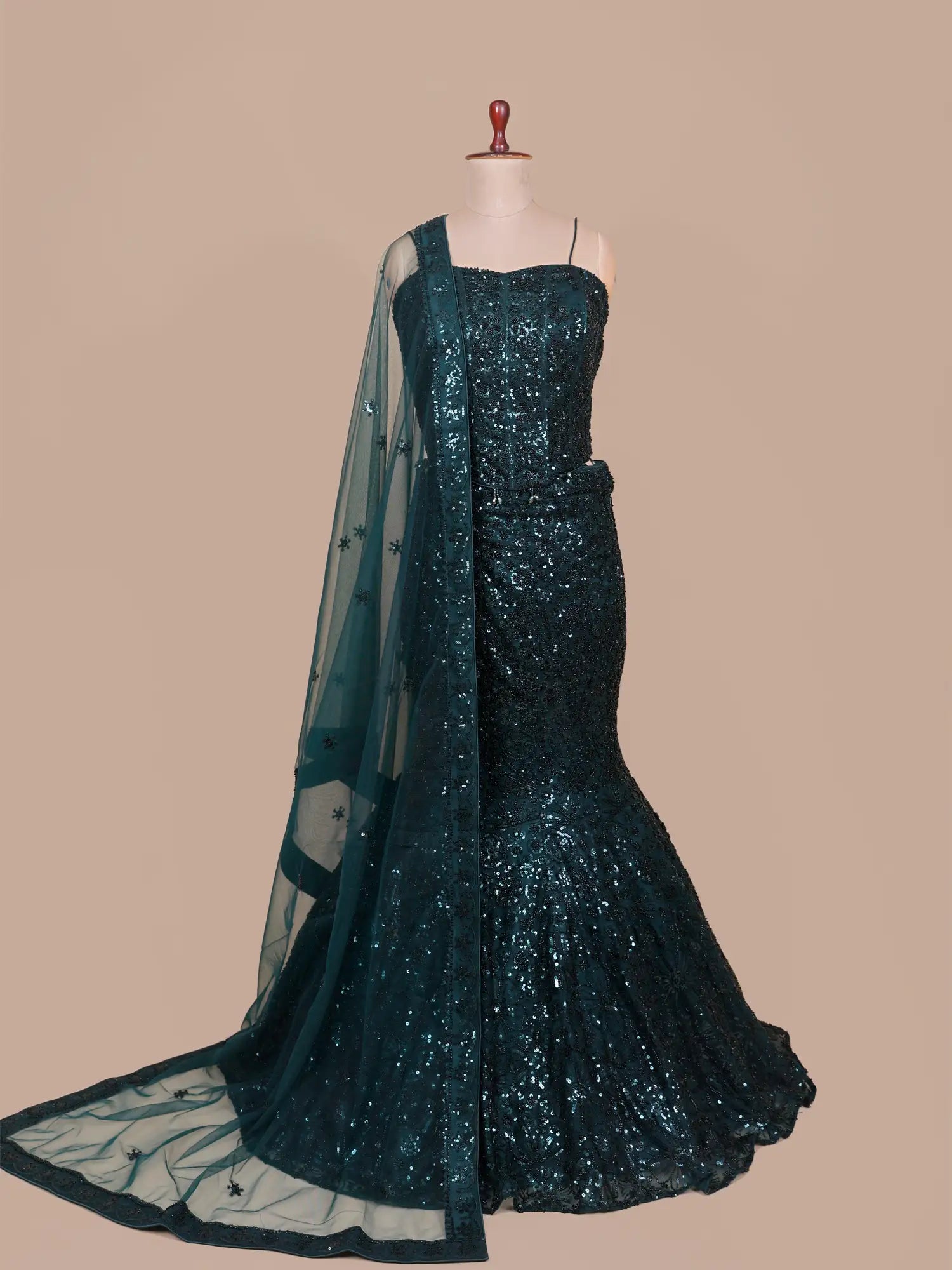 Bottle Green Designer Mermaid Lehenga Online With Couture Finish
