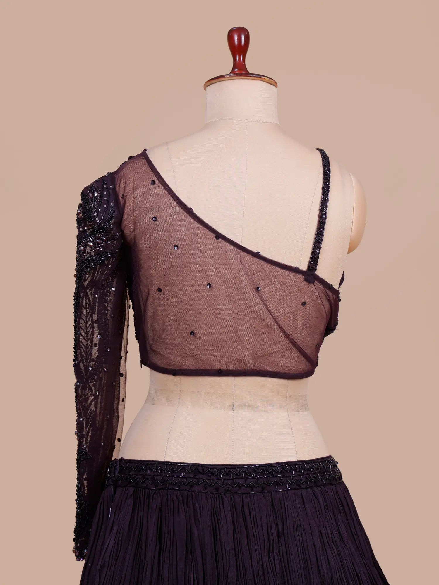 Wine Chinon One-Sleeve Designer Lehenga With Moti Sequin Detailing