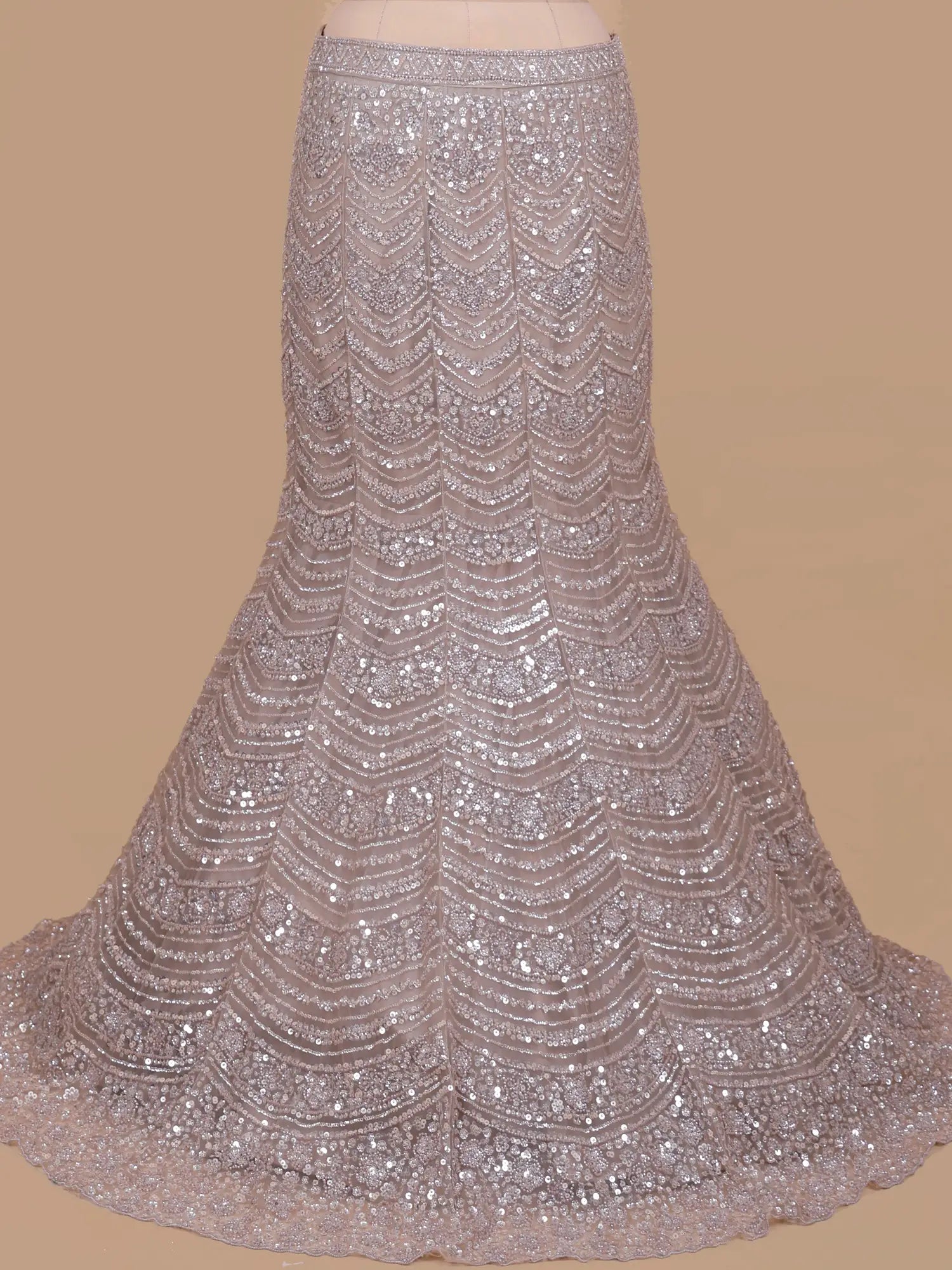 Exclusive Champagne Mermaid Lehenga Choli Adorned With Pearl Moti Work