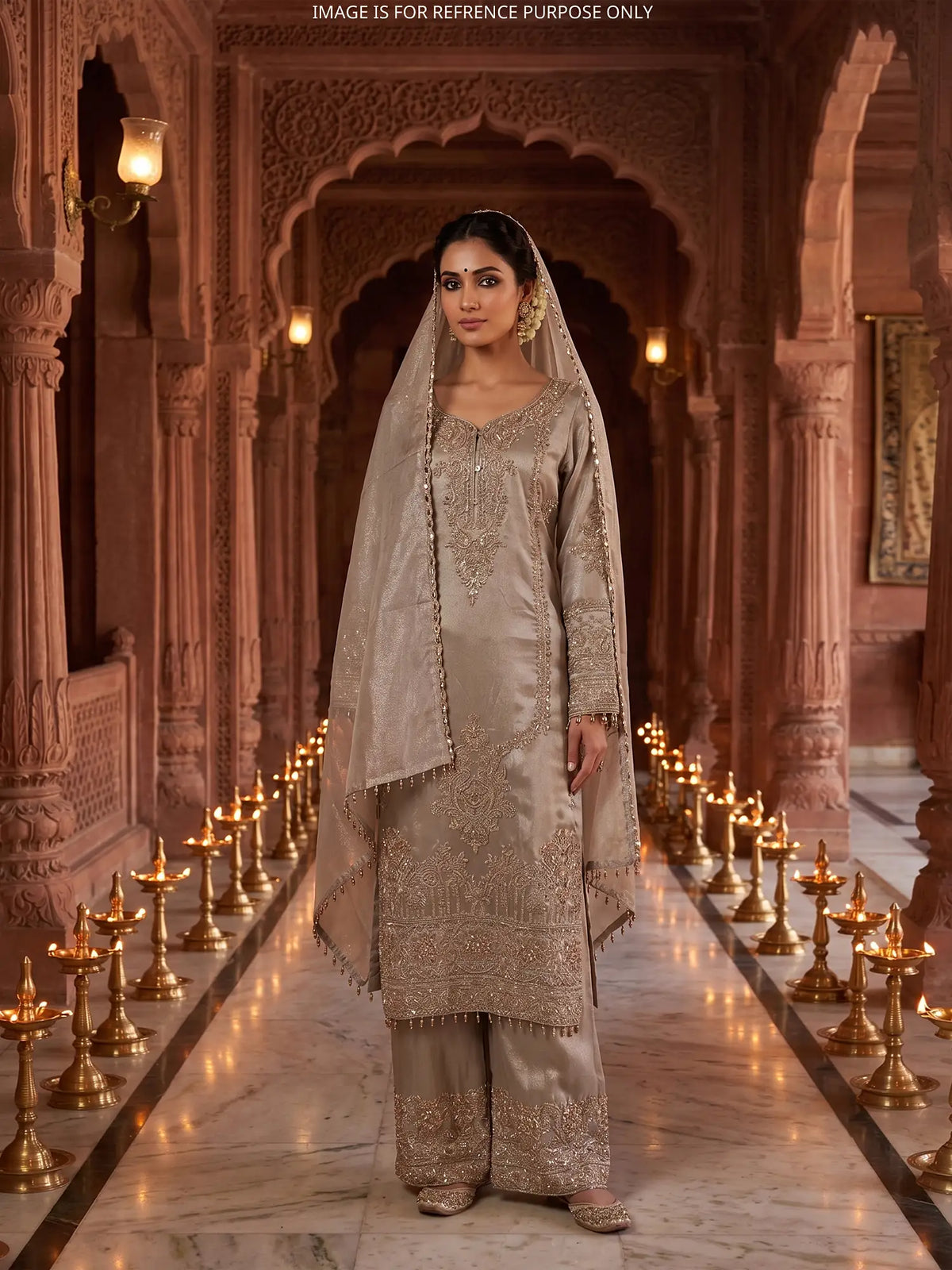 Elegant Chickoo Shimmer Silk Salwar Suit with Floral Bead Detailing