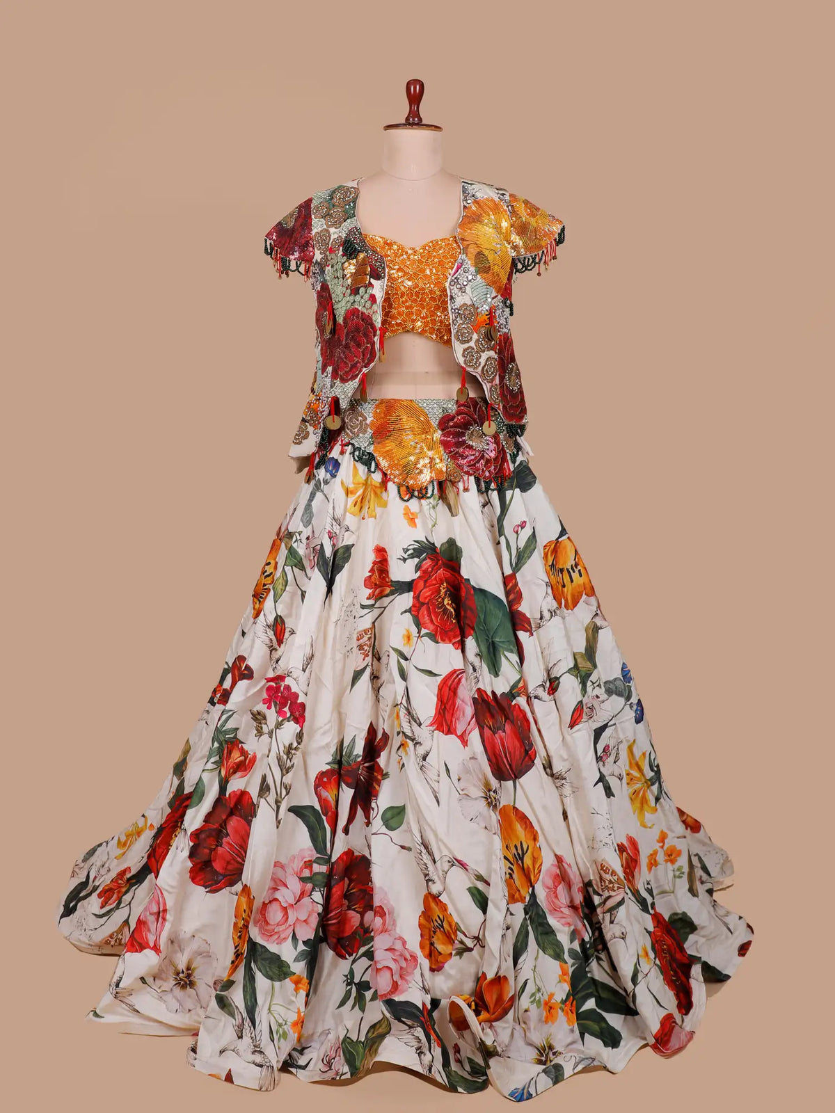 Luxury Multicolor Floral Silk Lehenga with Beaded Jacket