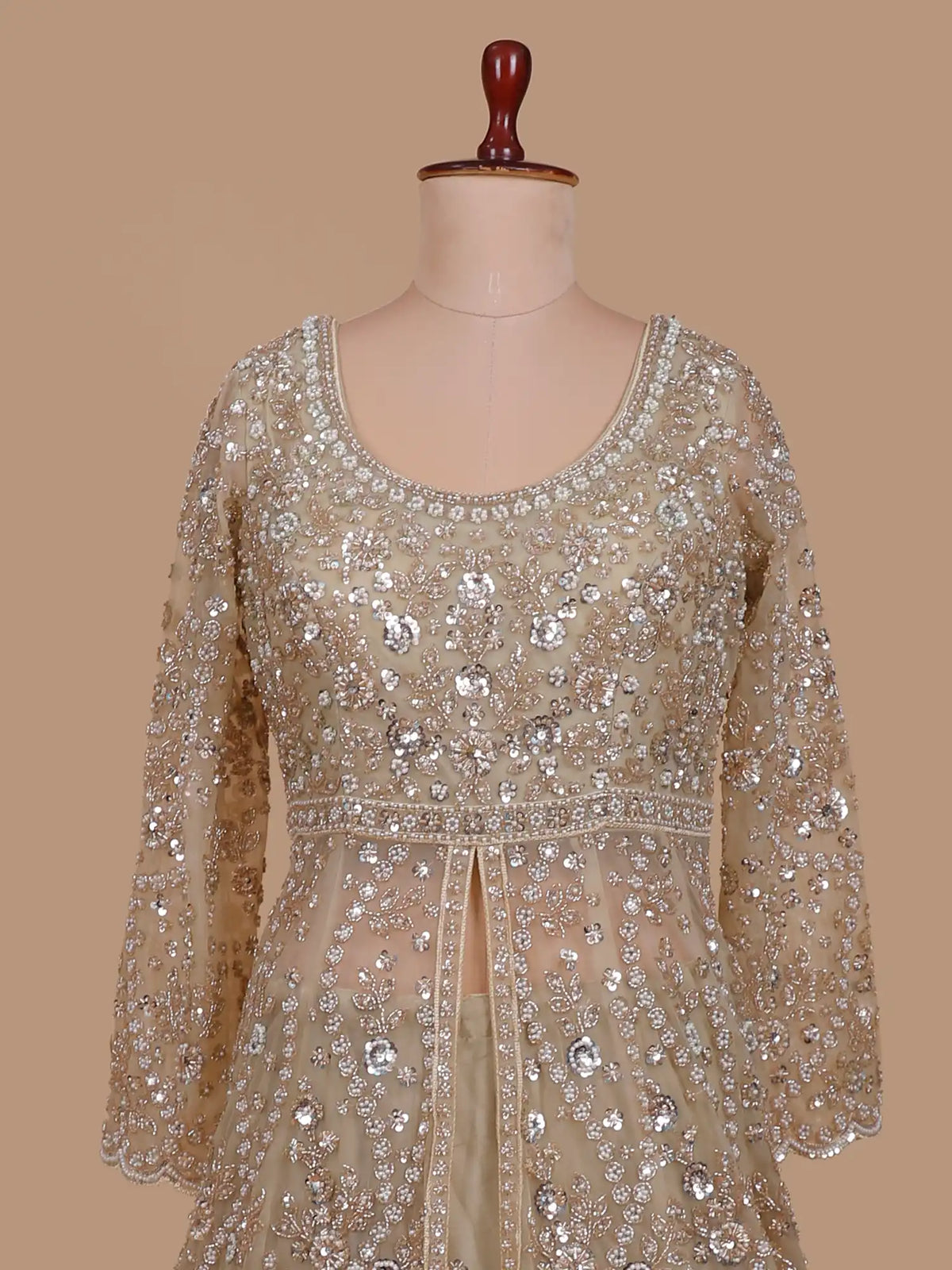 Dazzling Champagne Gold Front Open Indo Western Lehenga with Beaded Detailing