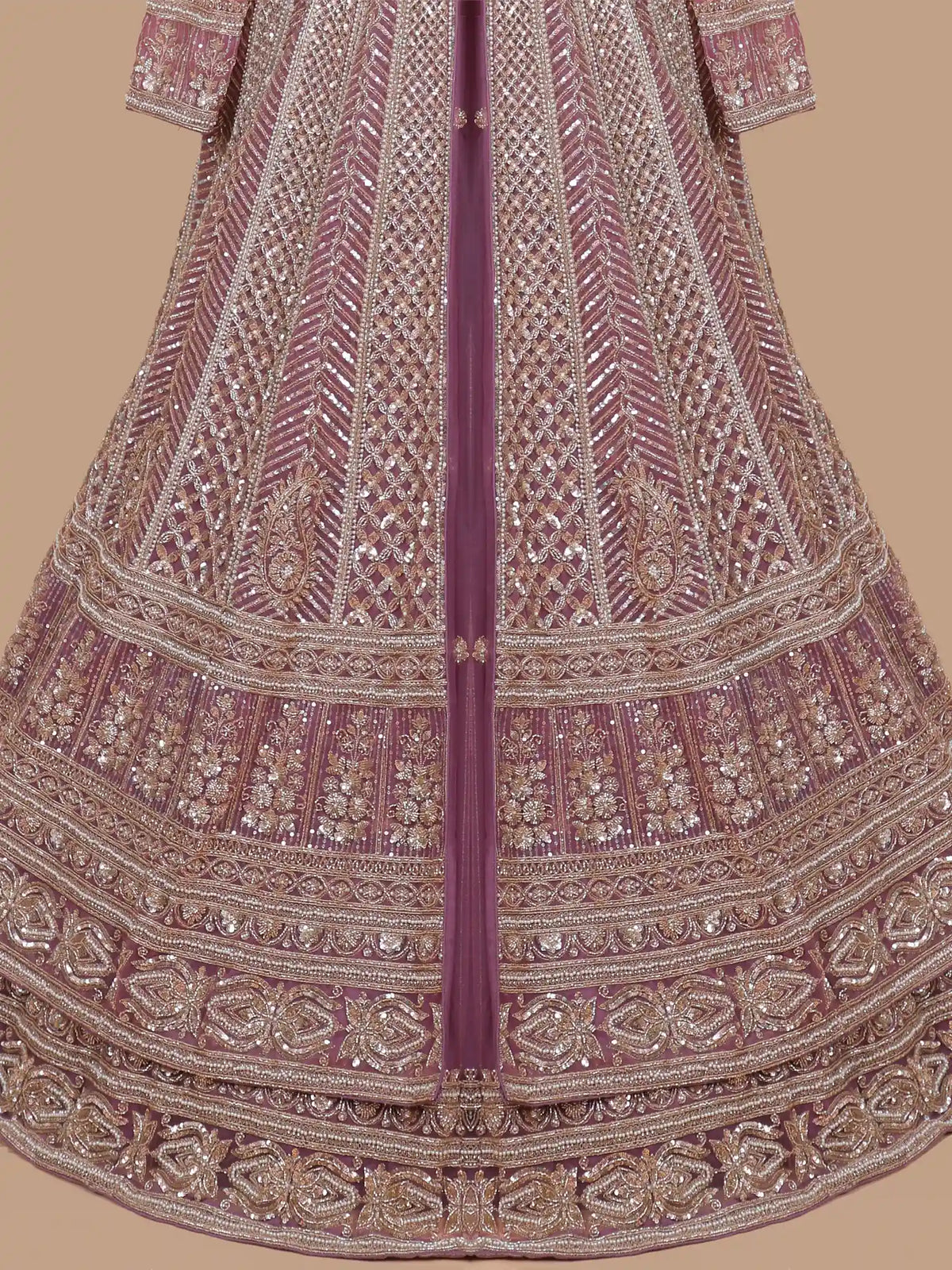 Designer Onion Pink Front Cut Indo Western Lehenga with Pearl Bead Detailing