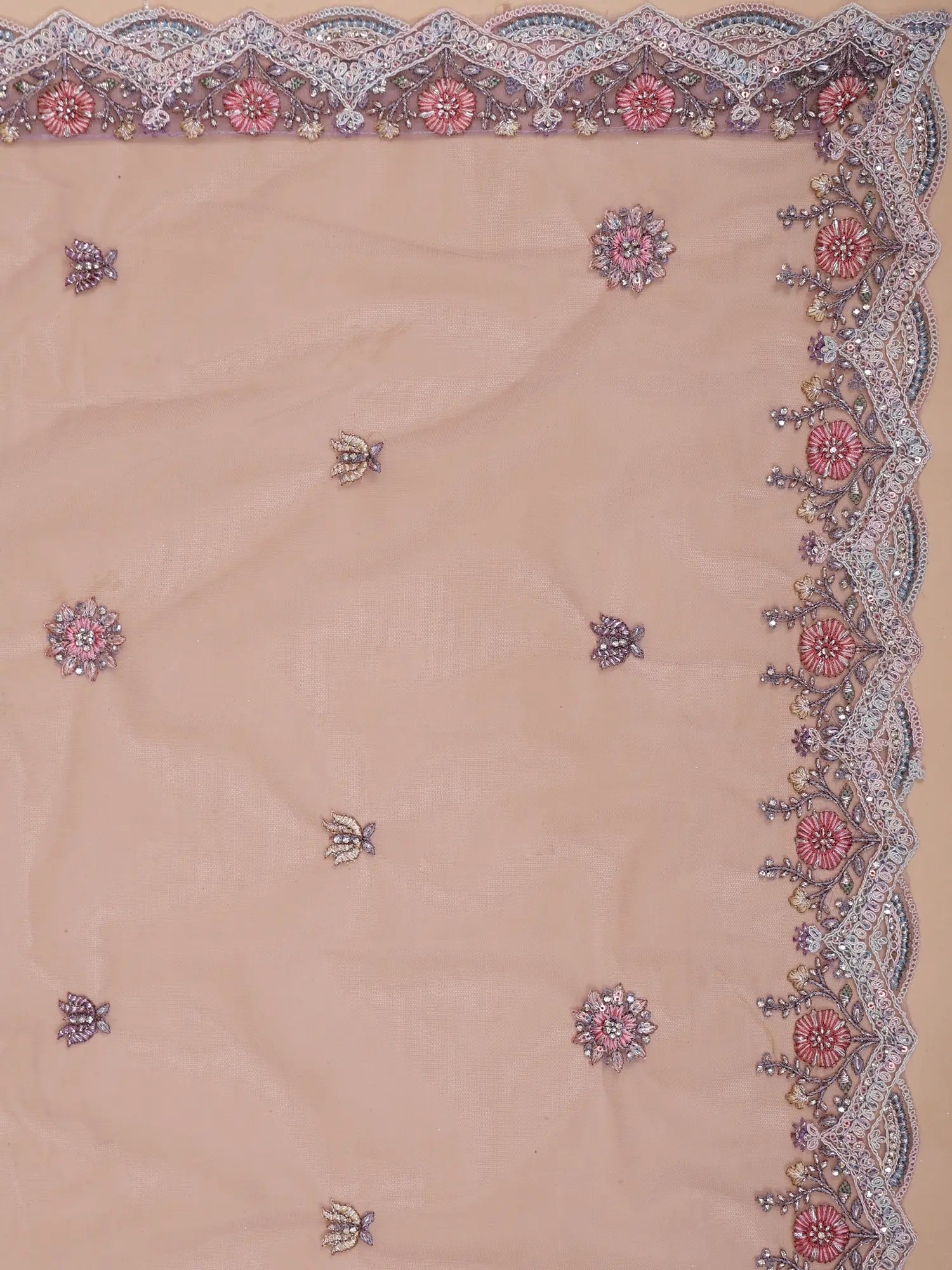 Lavender Designer Net Unstitched Lehenga Showcasing Signature Peacock Embroidery