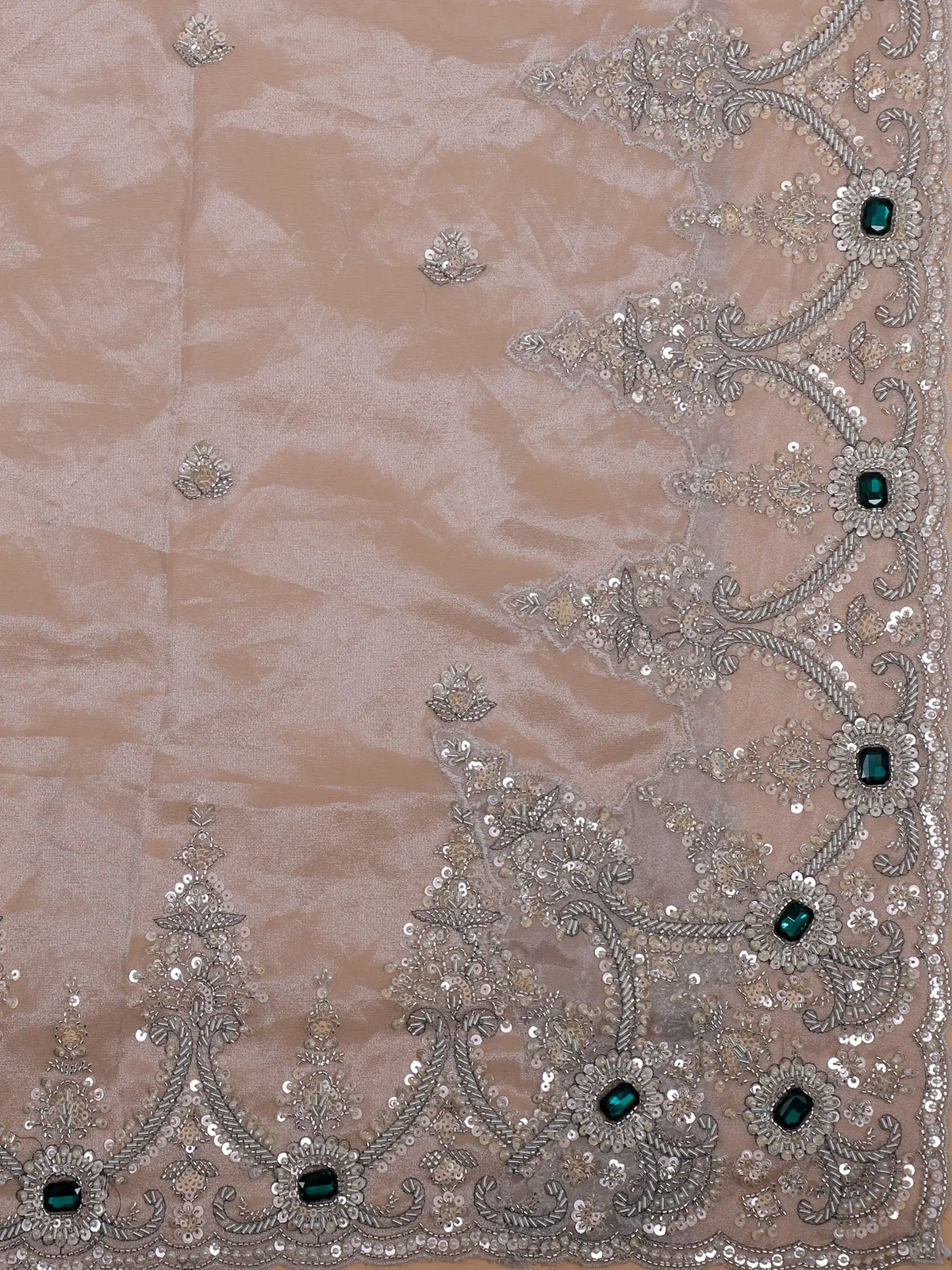 Buy Majestic Light Grey Designer Lehenga Online with Green Stone Highlights