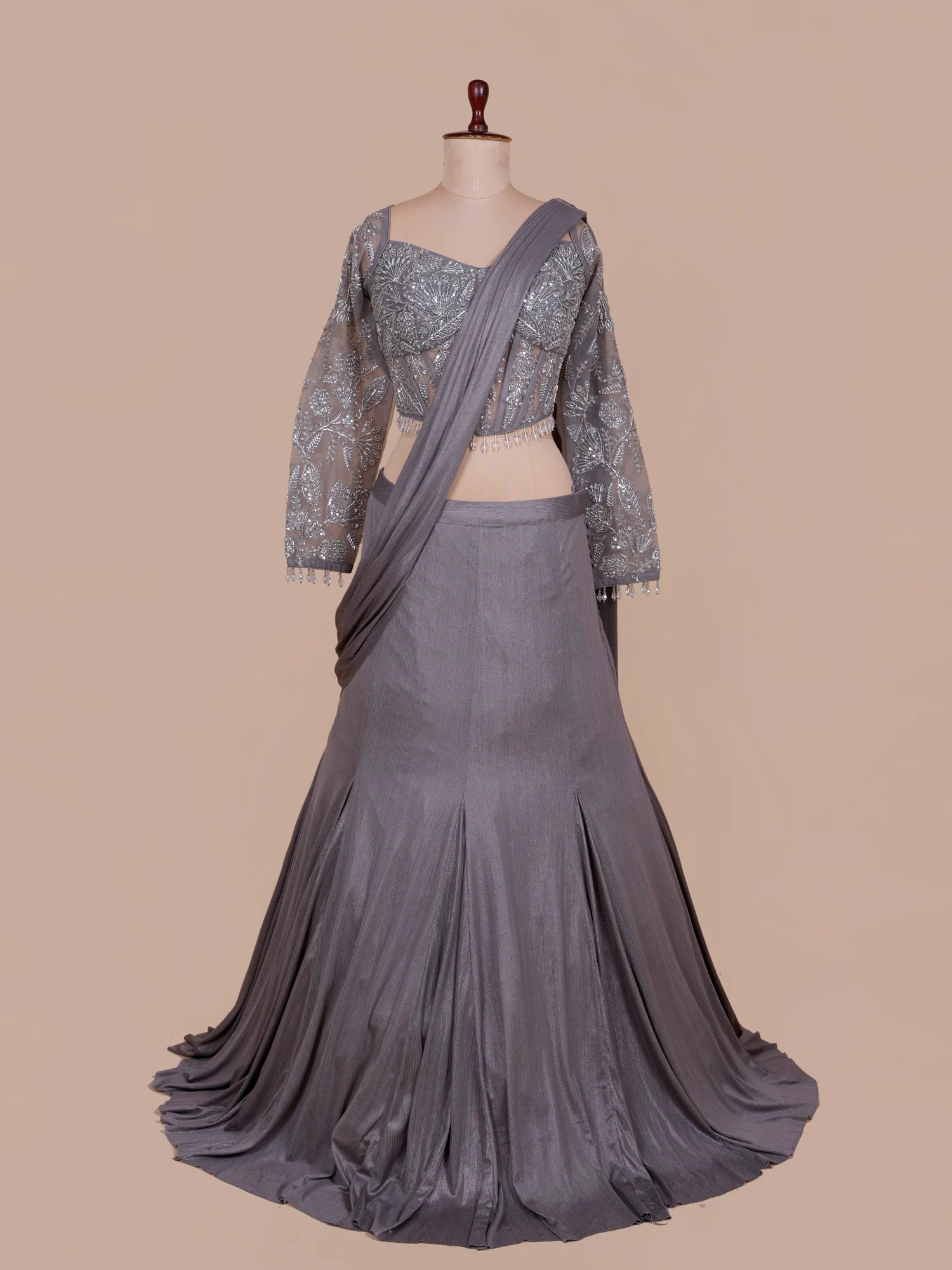 Buy Luxury Metallic Grey Mermaid Style Lehenga With Designer Glam