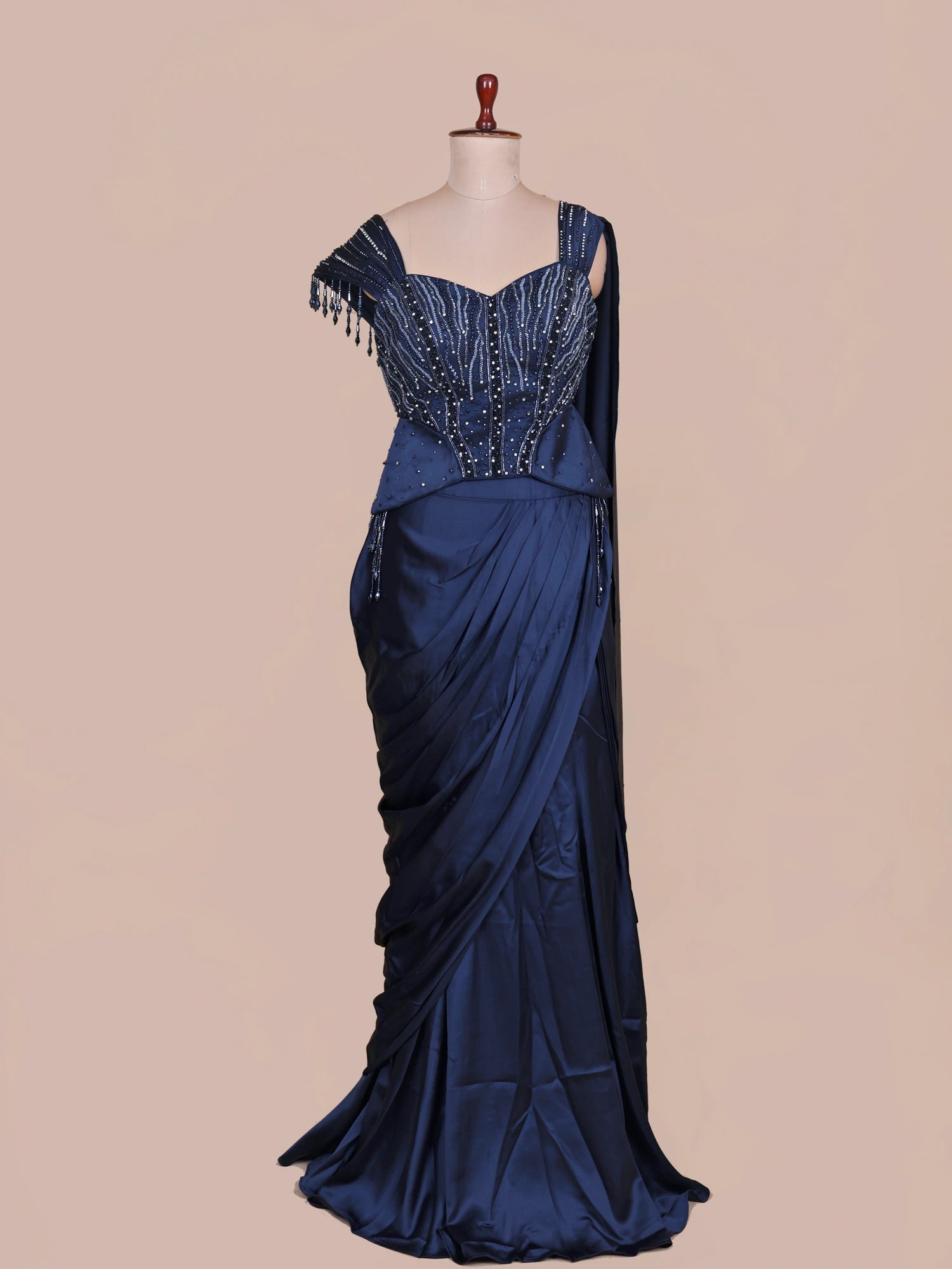 Navy Blue Modern Satin Silk Indo Western Saree With Signature Diamond Moti Detailing