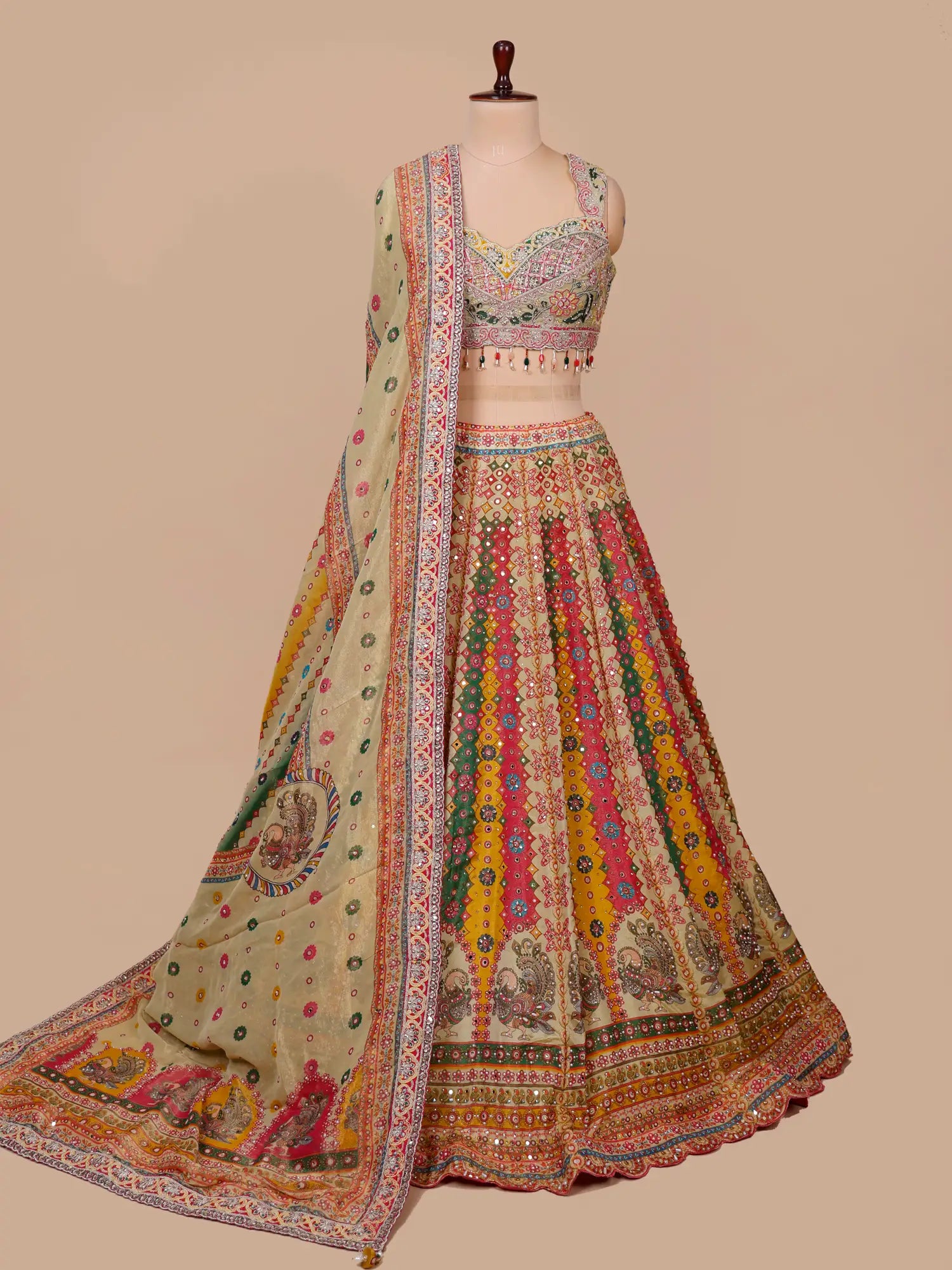 Luxury Multi Color Printed Silk Lehenga With Diamond Work