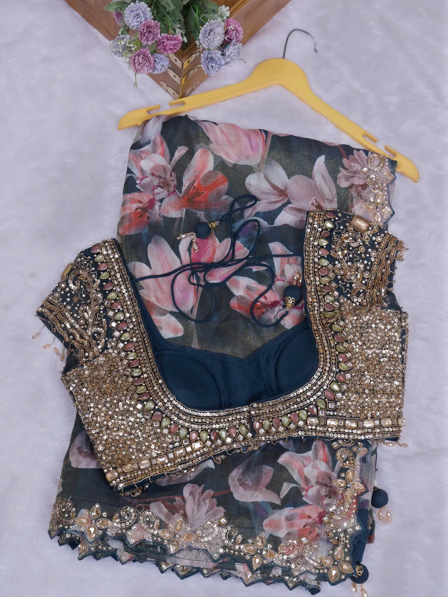 Classic Navy Blue Printed Crepe Saree Online Store With Designer Stone Embroidery
