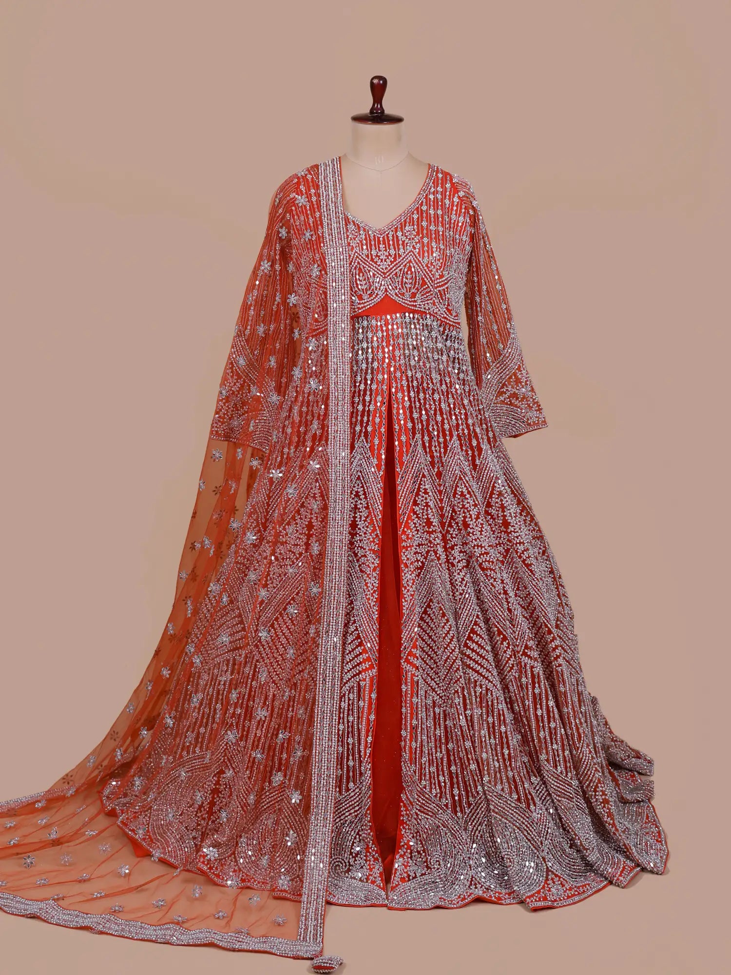 Buy Masterpiece Orange Net Indo-Western Lehenga For Grand Celebrations