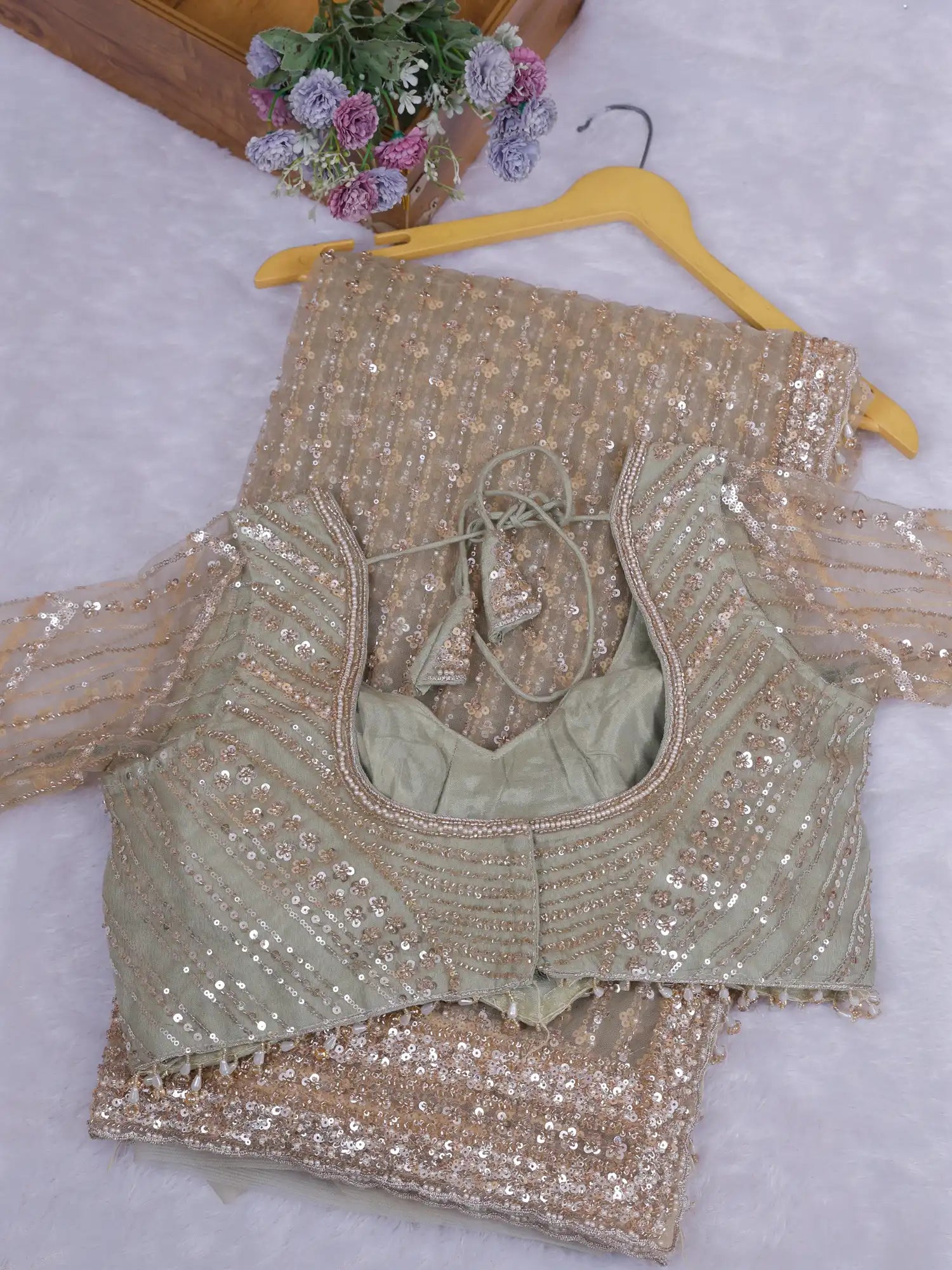 Affordable Modern Pista Net Saree With Designer Embroidery