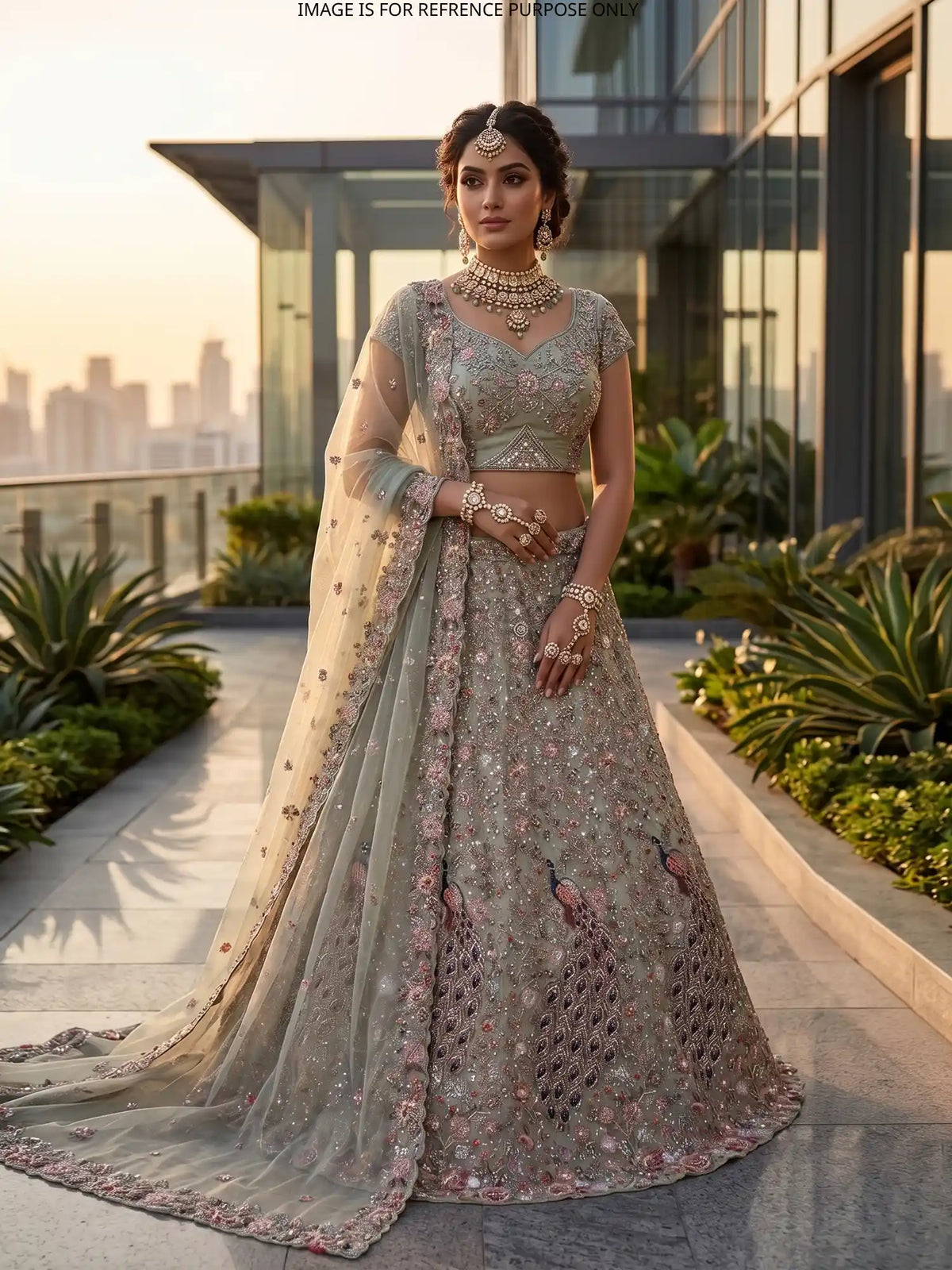 Elegant Pista Green Lehenga with Pink Floral and Navy Peacock Motifs