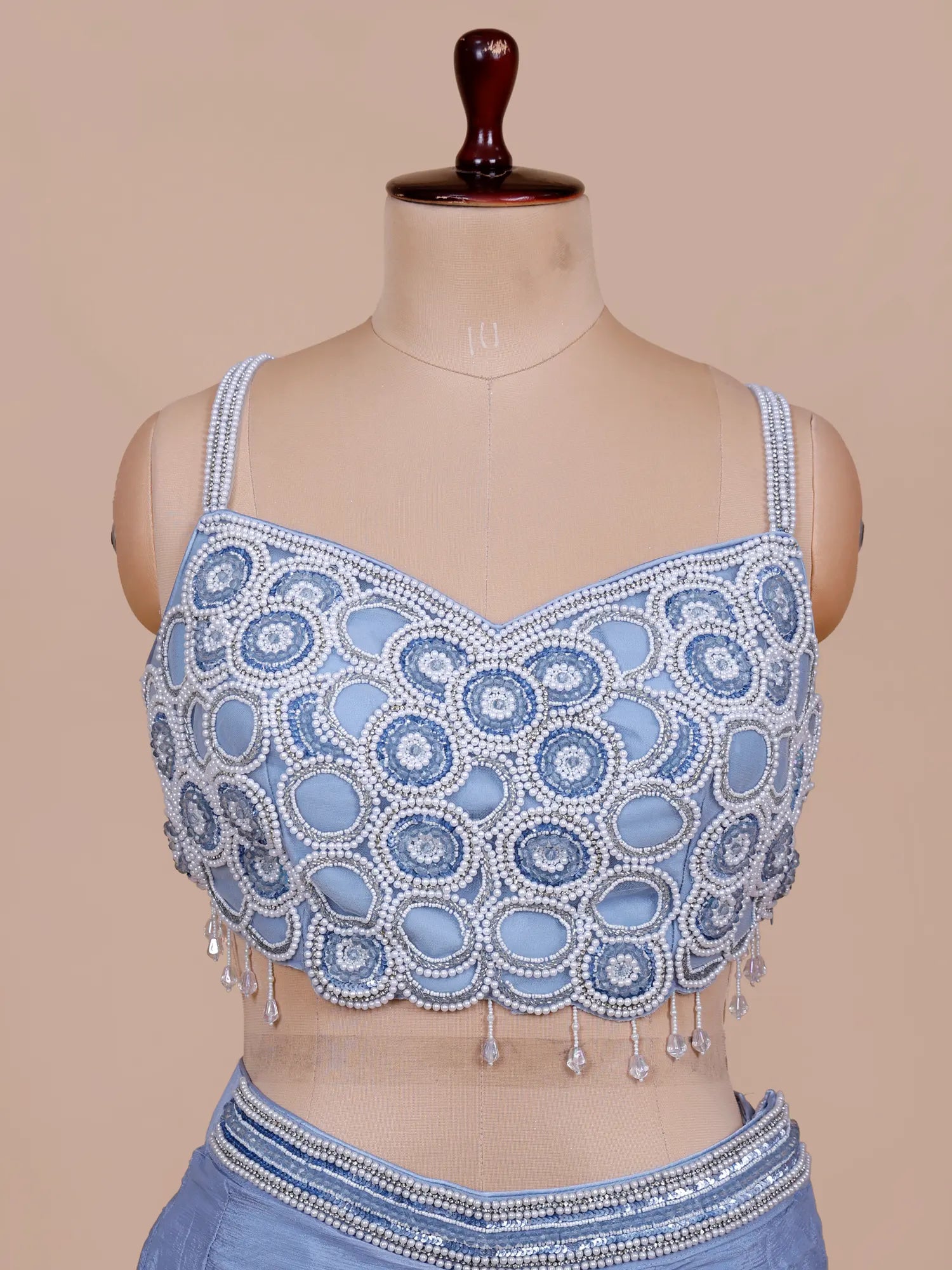 Designer Powder Blue Pre Draped Saree For Party Wear