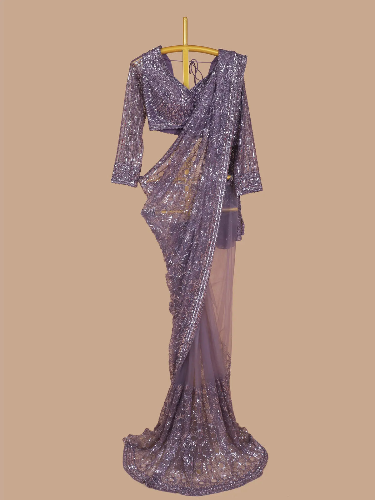 Purple Net Party Wear Saree Featuring Heavy Sequin and Bead Embroidery