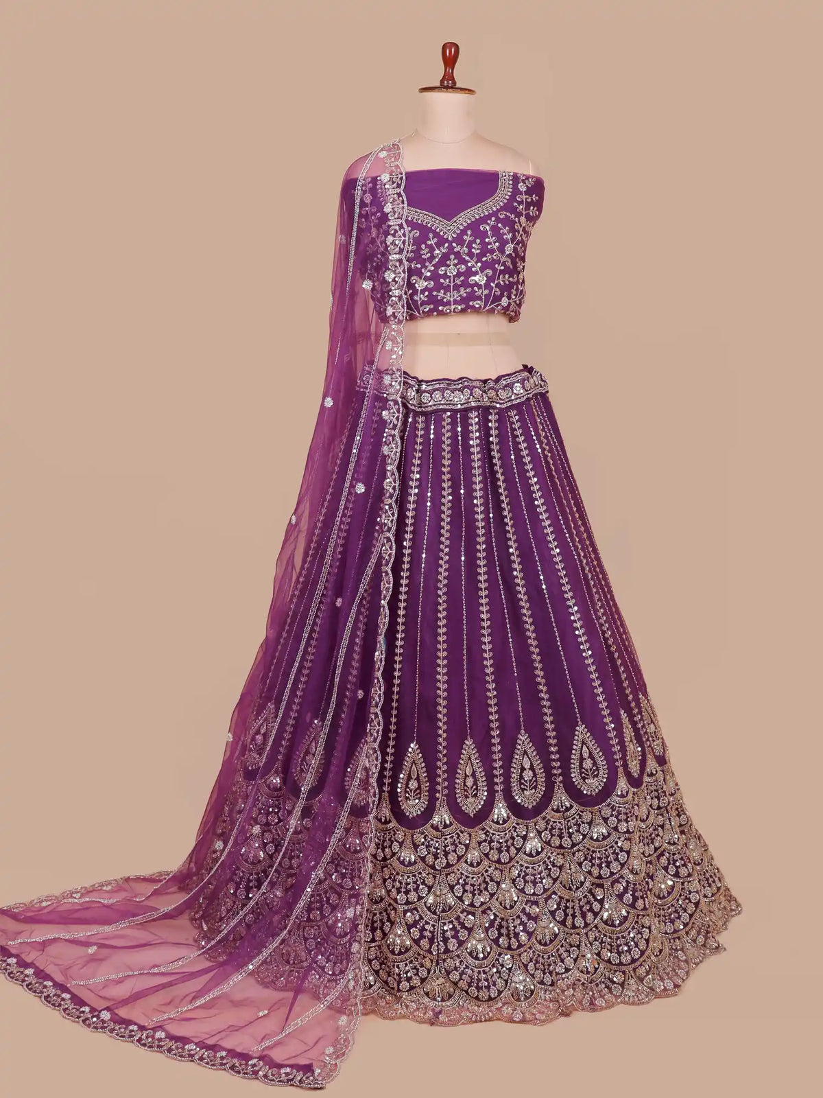 Charming Deep Purple Unstitched Lehenga with Silver Floral Sequin Work