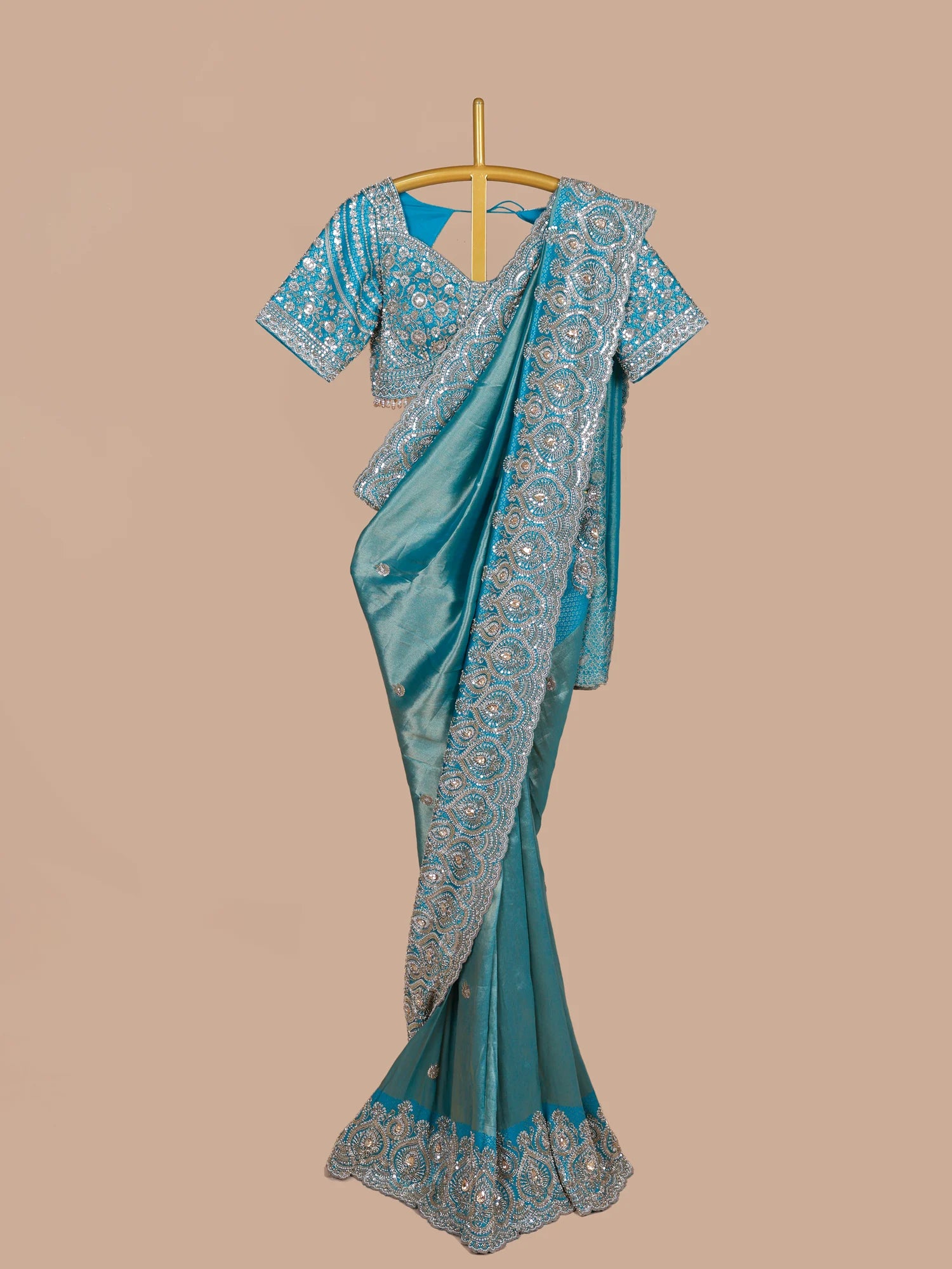 Get Rama Blue Silk Saree Online Highlighted By Moti Pearl Embellishment