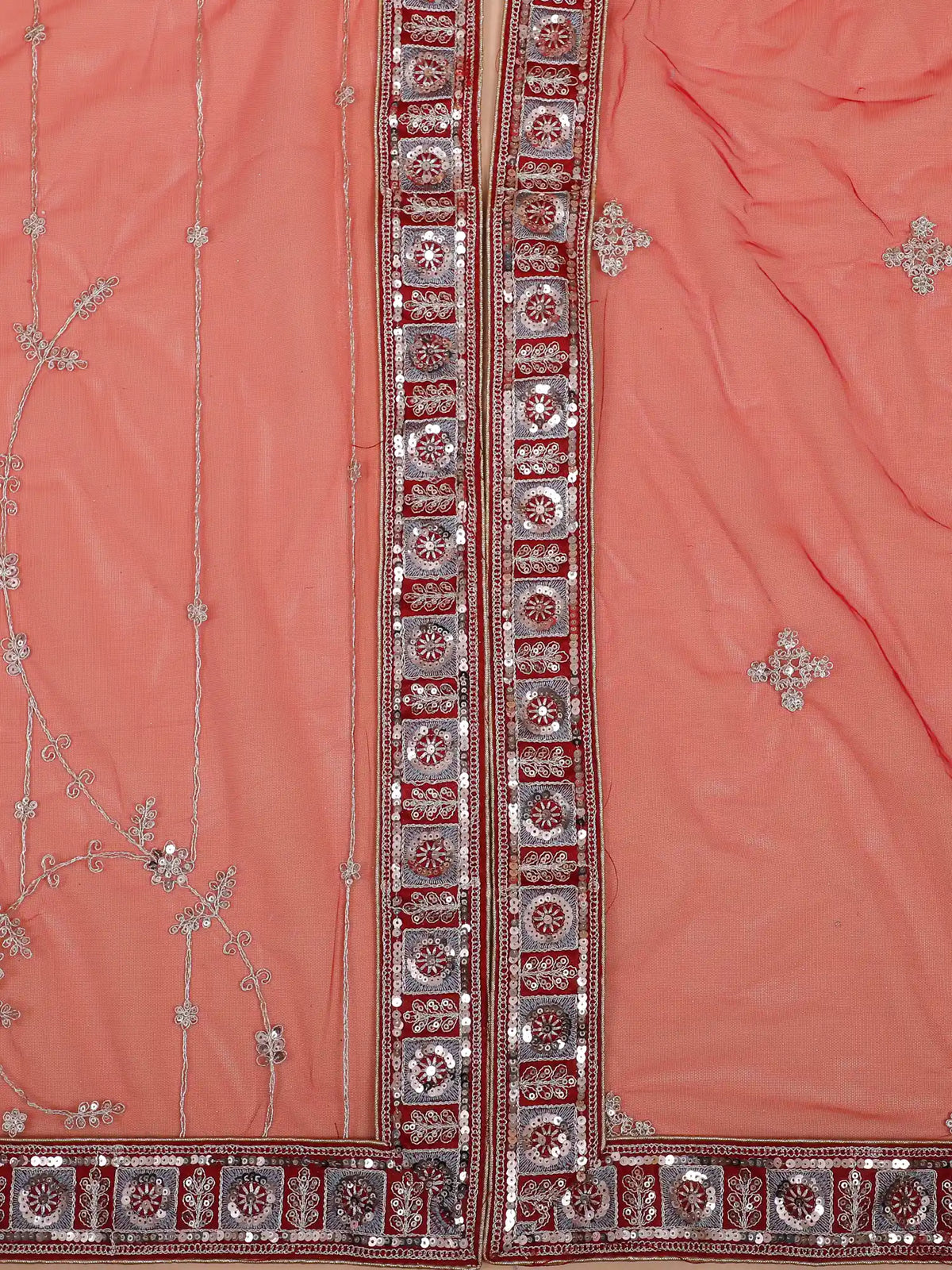 Scarlet Silk Sider Lehenga with Intricate Peacock Patterns