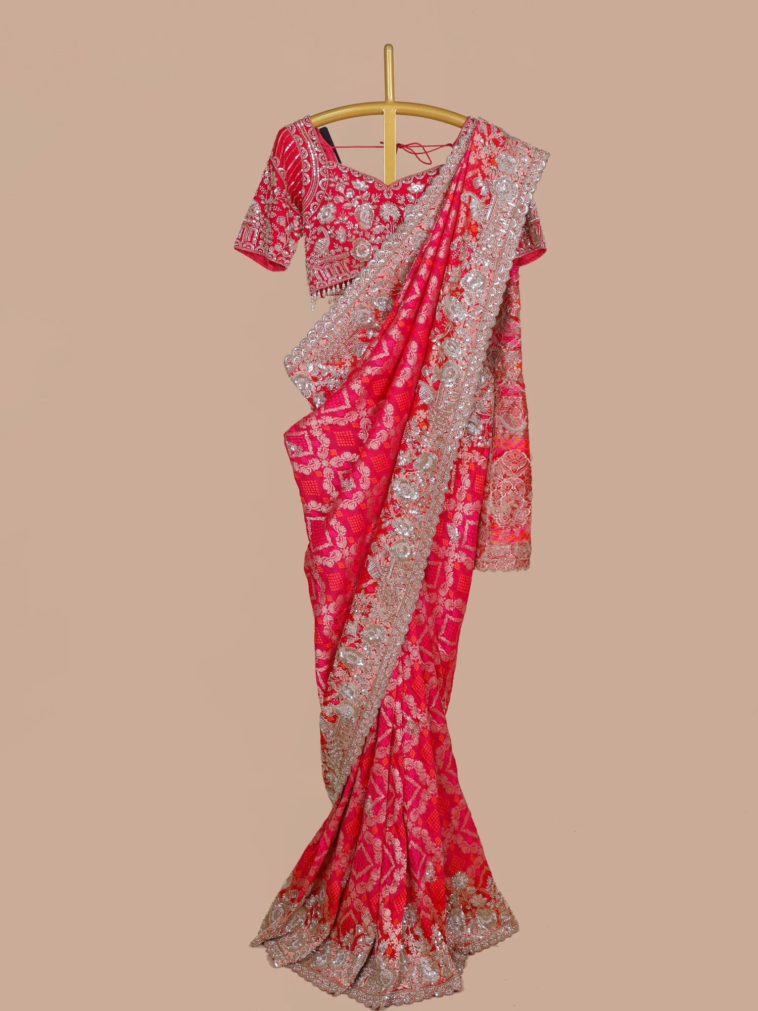 Rani Silk Bridal Saree Featuring Pearl Moti And Cut Dana Work