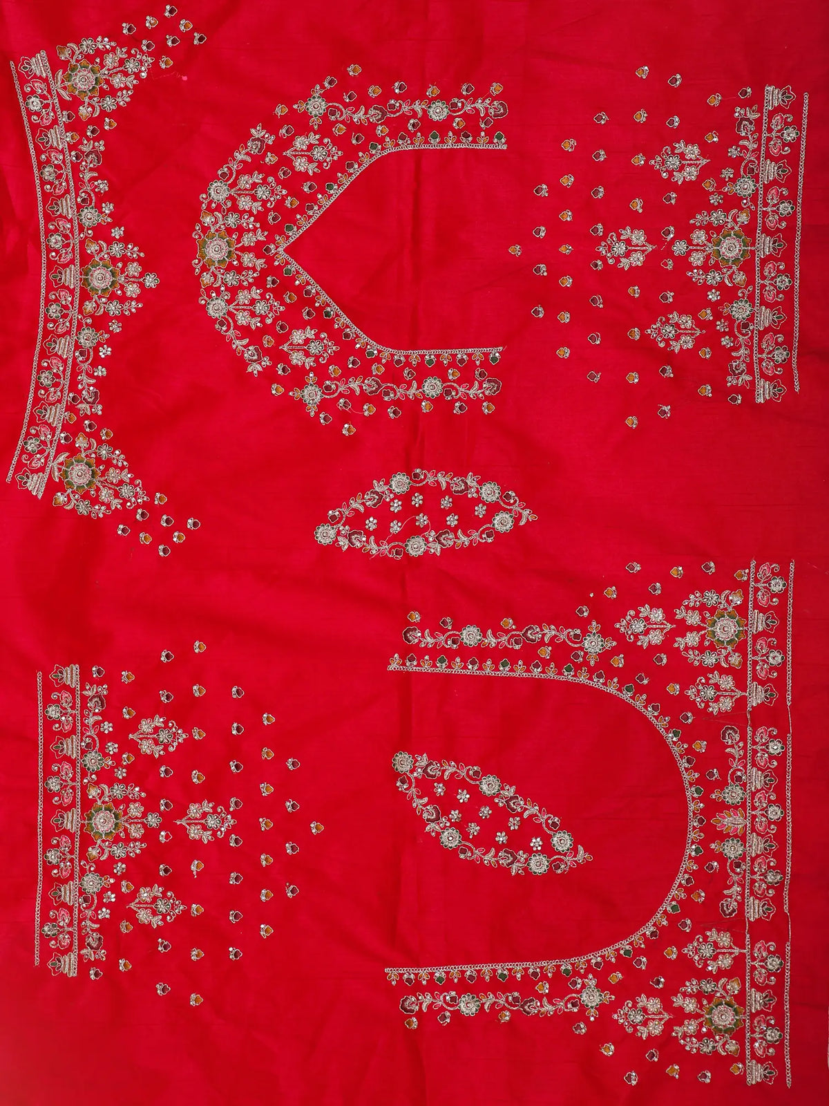 Red Silk Bridal Lehenga Choli with Intricate Silver Floral Embroidery